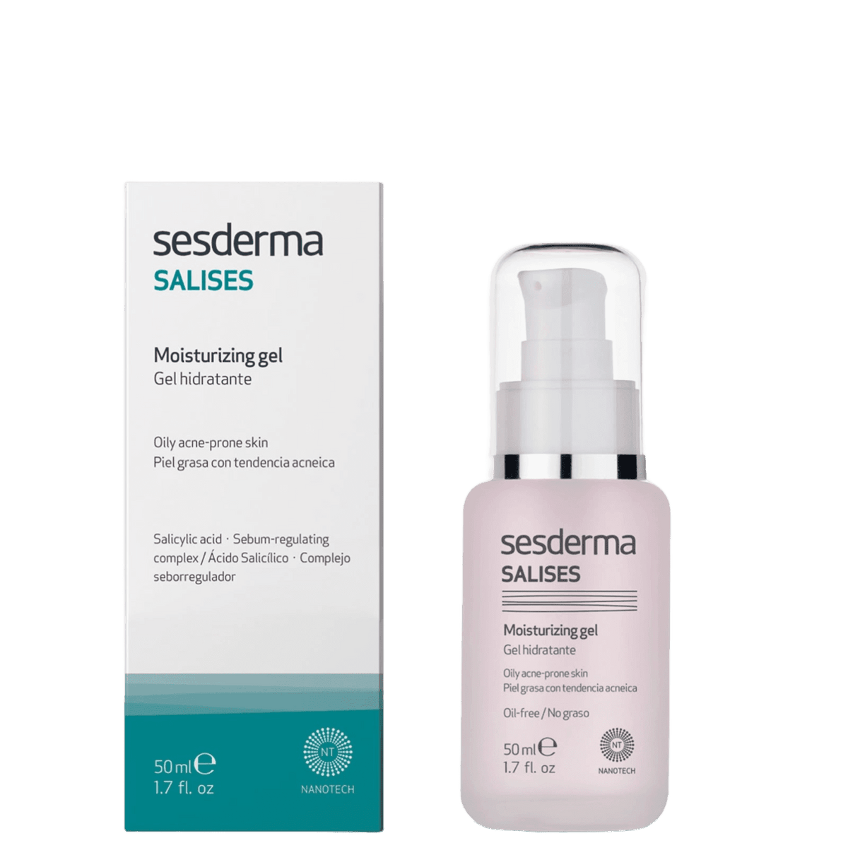 Sesderma Salises moisturizing gel for oily, acne-prone skin in a white box with teal accents, 50ml bottle with pump dispenser, skincare product