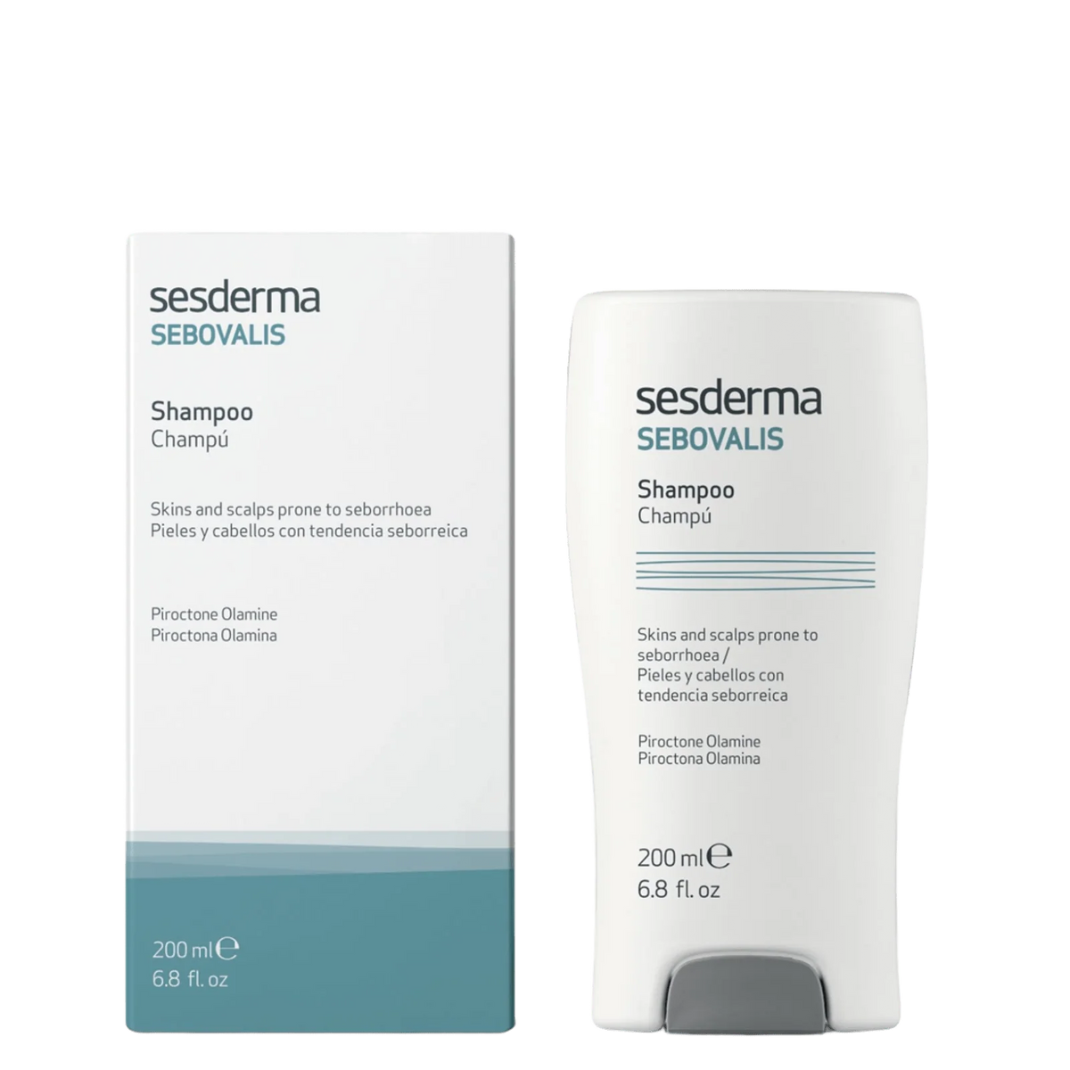 White box of Sesderma Sebovalis anti-dandruff shampoo with blue and black text, 200 ml size, for oily scalp and seborrhea, SKU: 12345