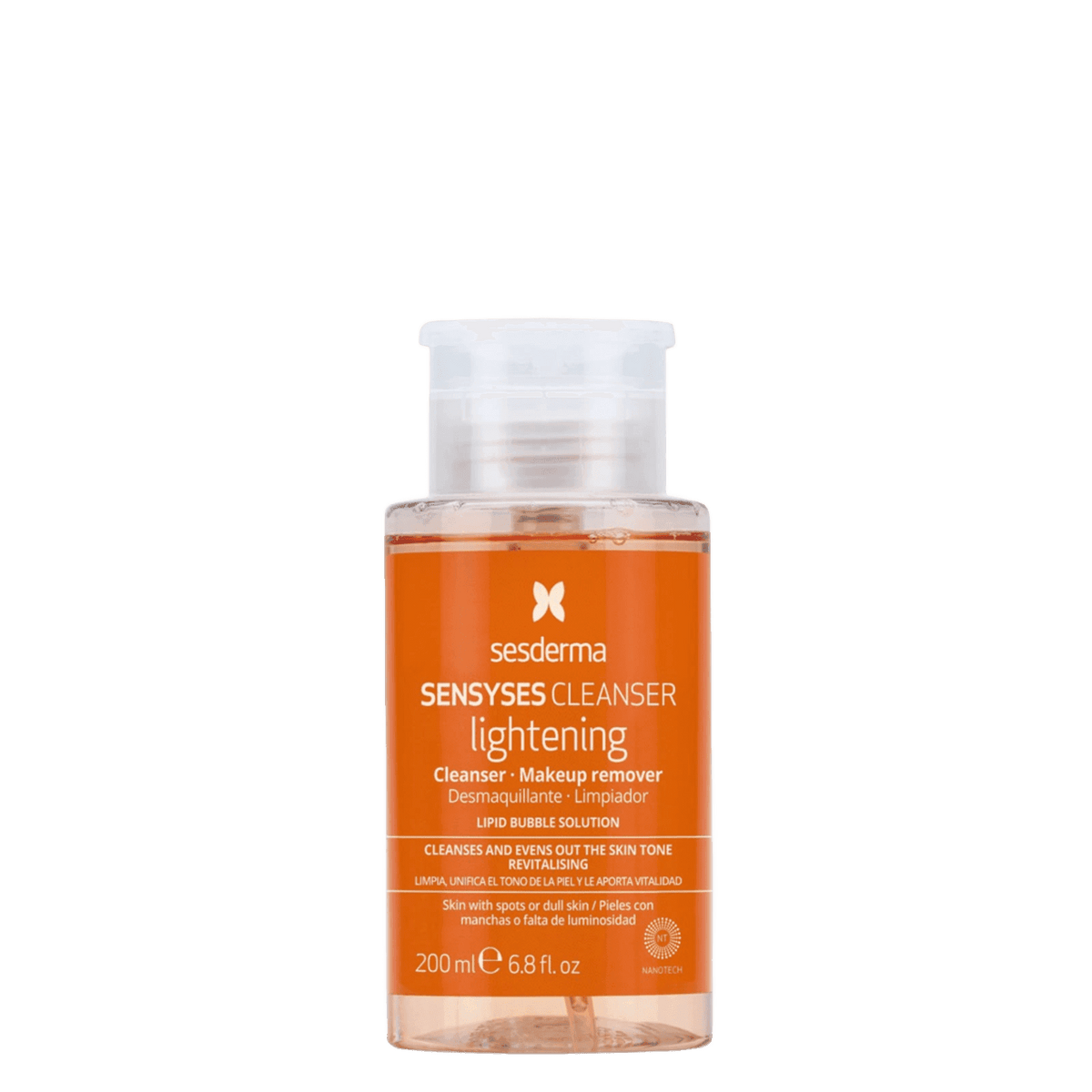 Sesderma Sensyses Cleanser Lightening in a clear plastic bottle with orange label, pump dispenser, 200ml, for dull or spotty skin