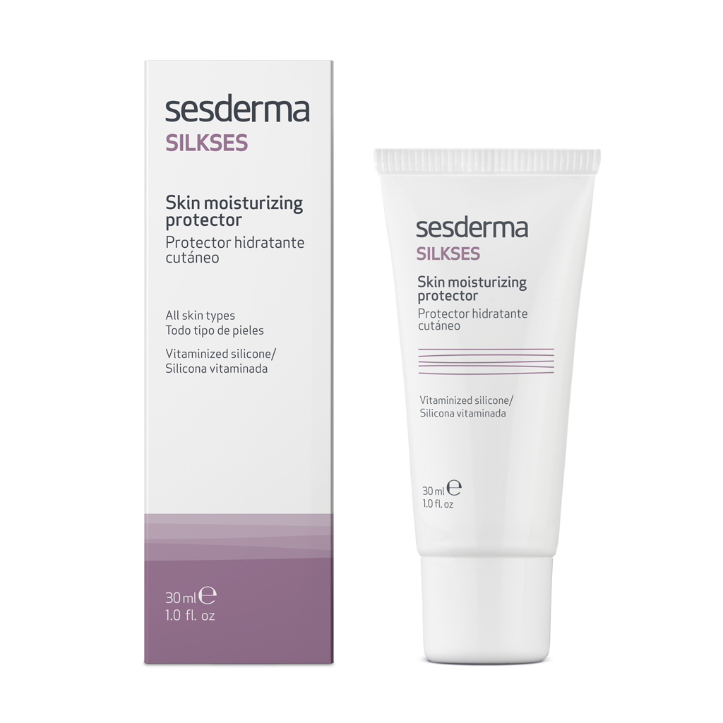 Silver tube of Sesderma Silkses Skin Moisturizing Protector with white and purple packaging, 30ml, for all skin types, vitaminized silicone formula