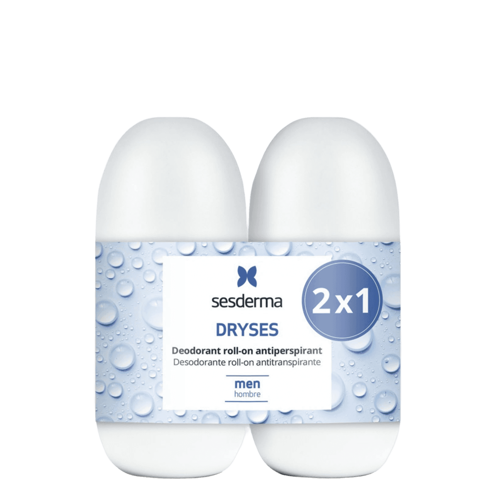 Two white Sesderma DRYSES deodorant rolls packaged together in a 2x1 multipack, with a blue and white label featuring water droplets.