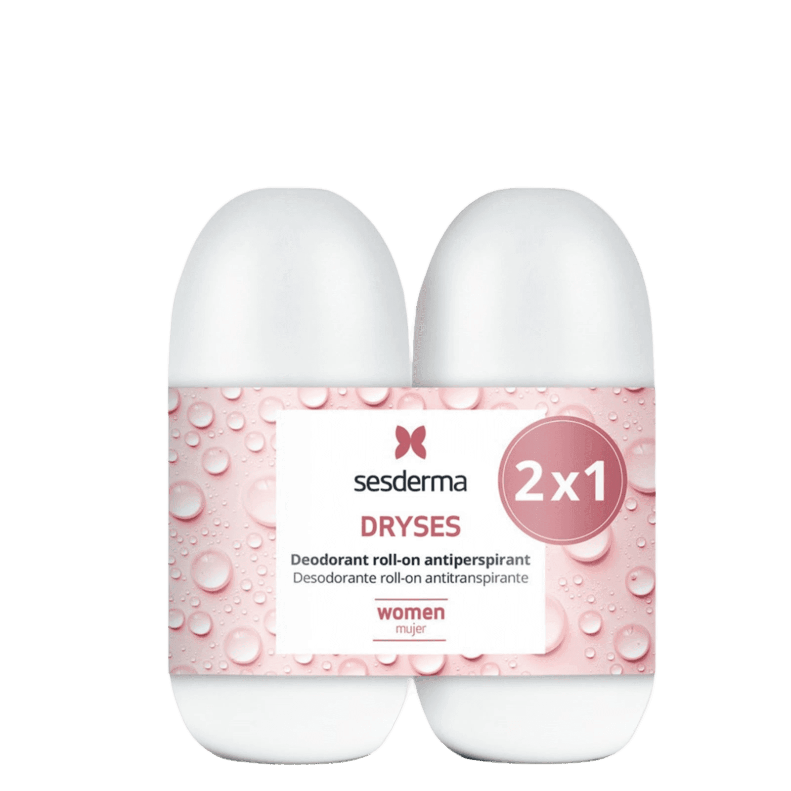 Two white Sesderma Dryses roll-on deodorants with a pink water-droplet patterned label and a '2x1' badge, shown on a white background.