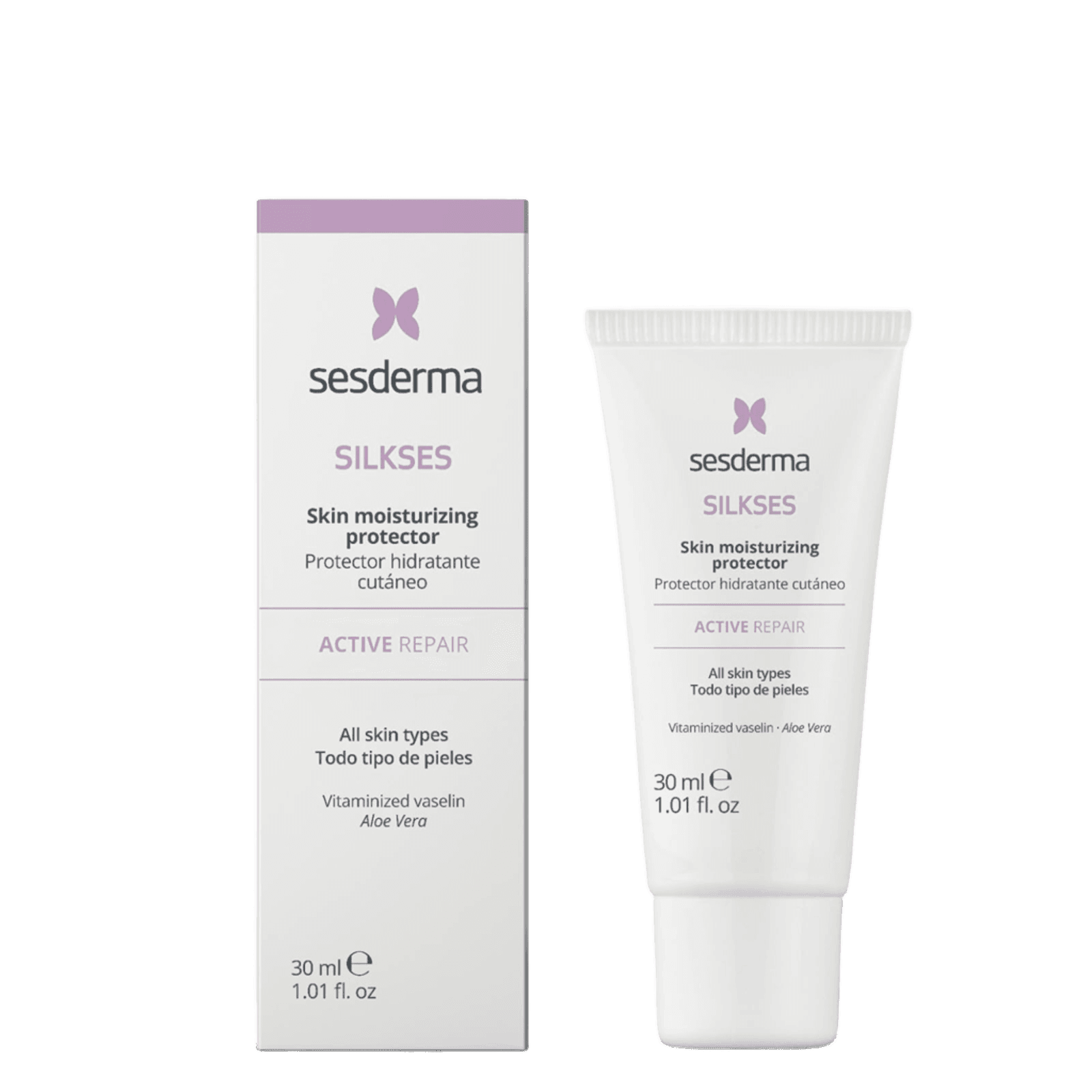 Silver box of Sesderma Silkses Skin Moisturizing Protector with purple butterfly logo, white background, and product details in black and purple text