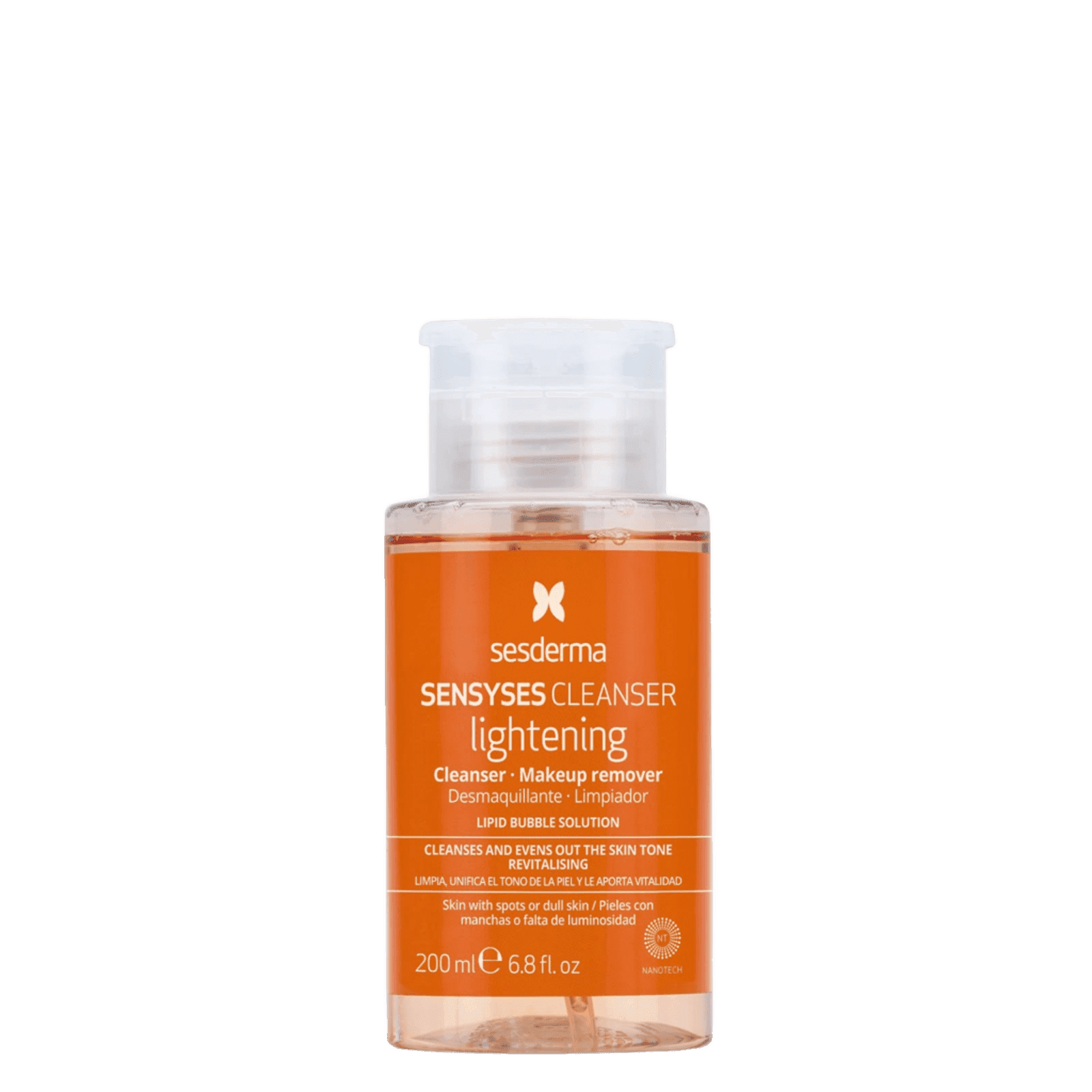 Sesderma Sensyses Cleanser Lightening in a clear plastic bottle with orange label, pump dispenser, 200ml, for dull or spotty skin