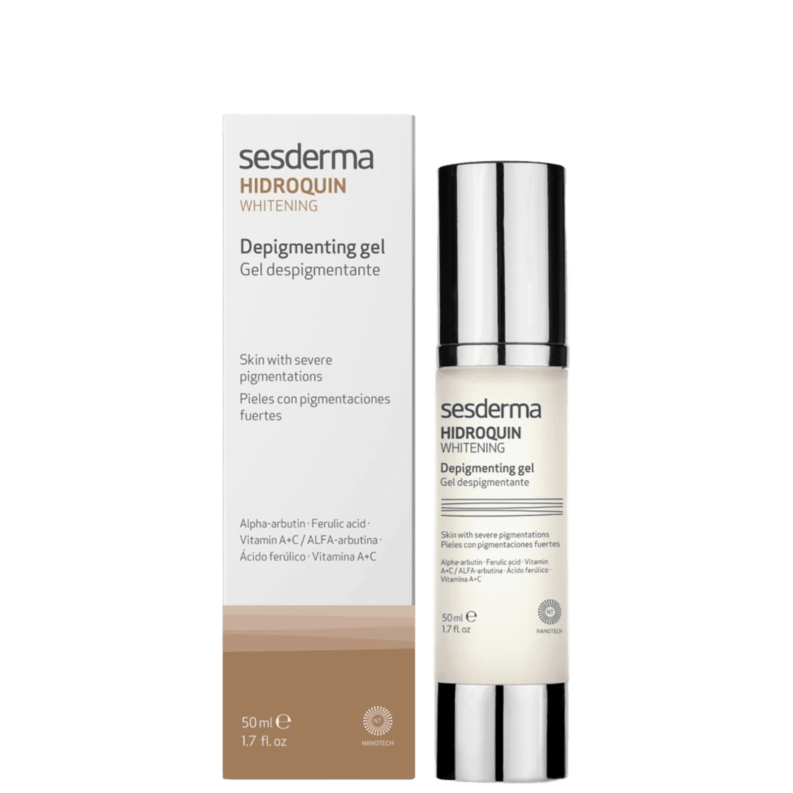 Sesderma Hidroquin whitening depigmenting gel in a sleek white bottle with silver cap, designed for skin with severe pigmentation, 50ml