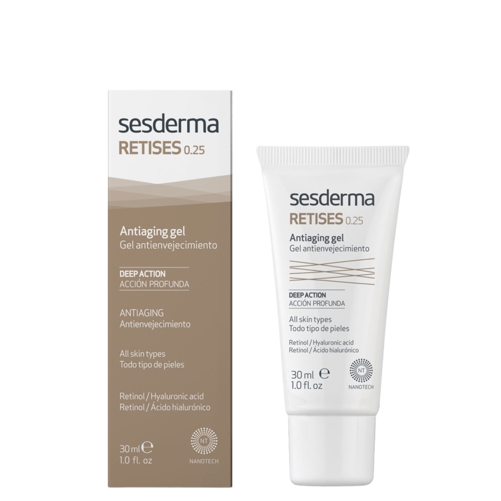 White tube of Sesderma Retises 0.25% anti-wrinkle gel with beige and white packaging, 30ml, suitable for all skin types, with retinol and hyaluronic acid