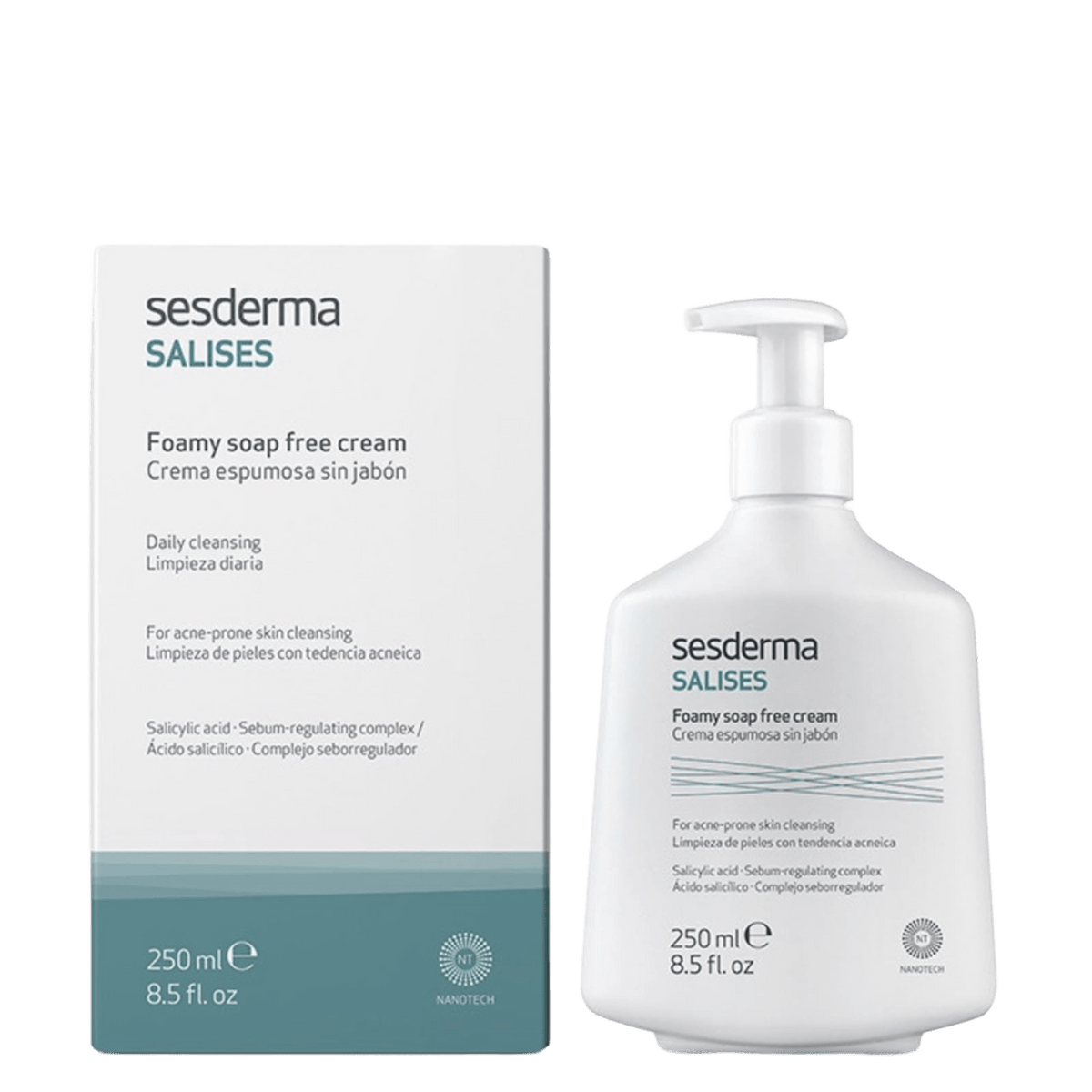 Sesderma Salises foamy soap-free cleanser in white pump bottle with blue and black text, 250ml, for oily, acne-prone skin, with natural extracts