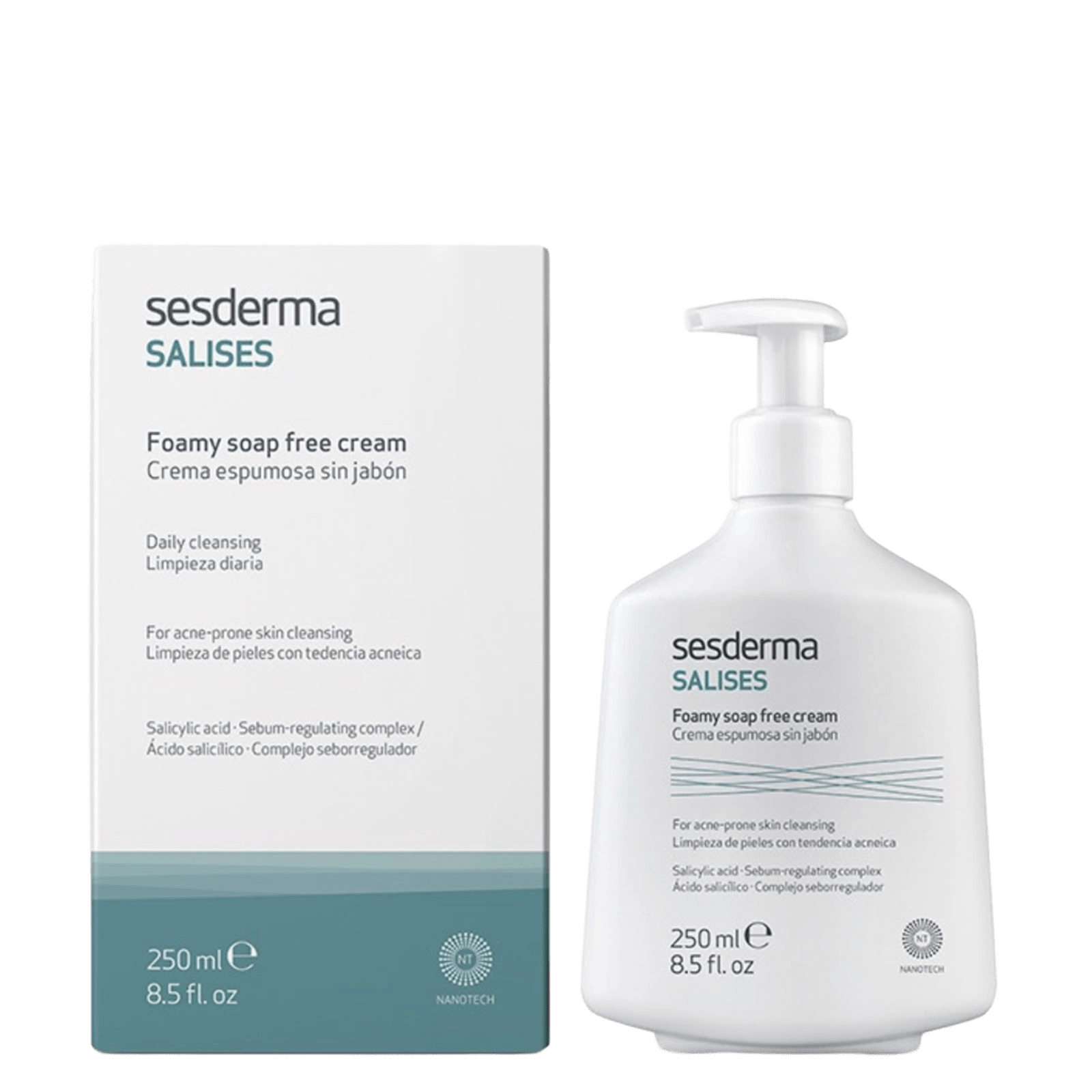 Sesderma Salises foamy soap-free cleanser in white pump bottle with blue and black text, 250ml, for oily, acne-prone skin, with natural extracts