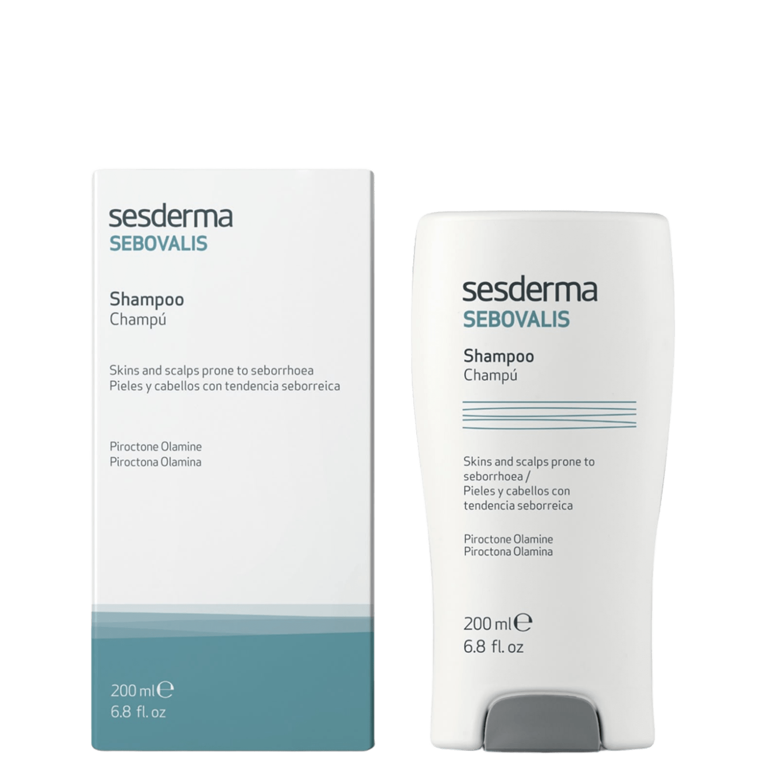 White box of Sesderma Sebovalis anti-dandruff shampoo with blue and black text, 200ml size, suitable for oily scalp and seborrhea treatment