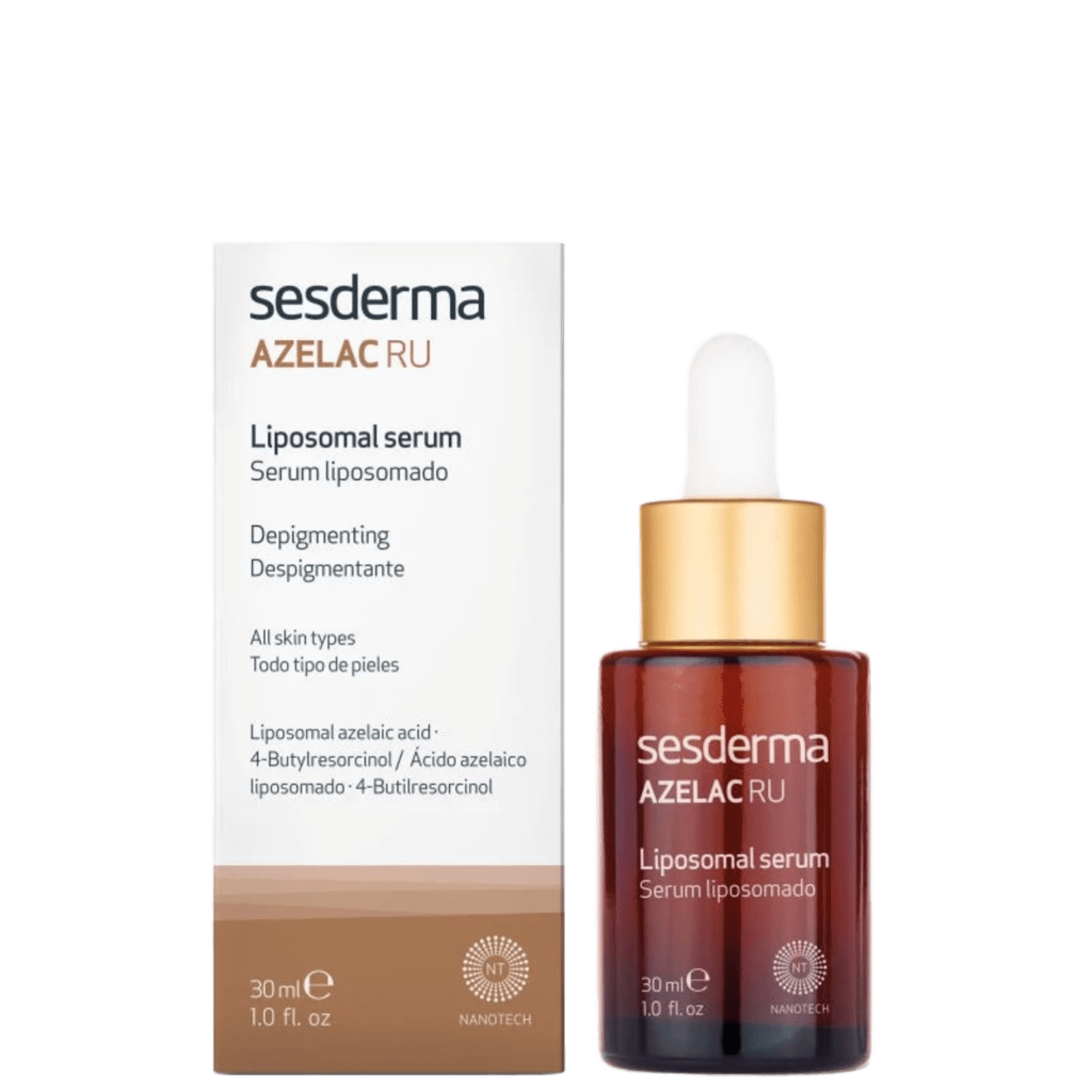 Sesderma Azelac RU liposomal serum in a brown glass bottle with a white dropper cap, 30ml, for skin brightening and dark spot treatment