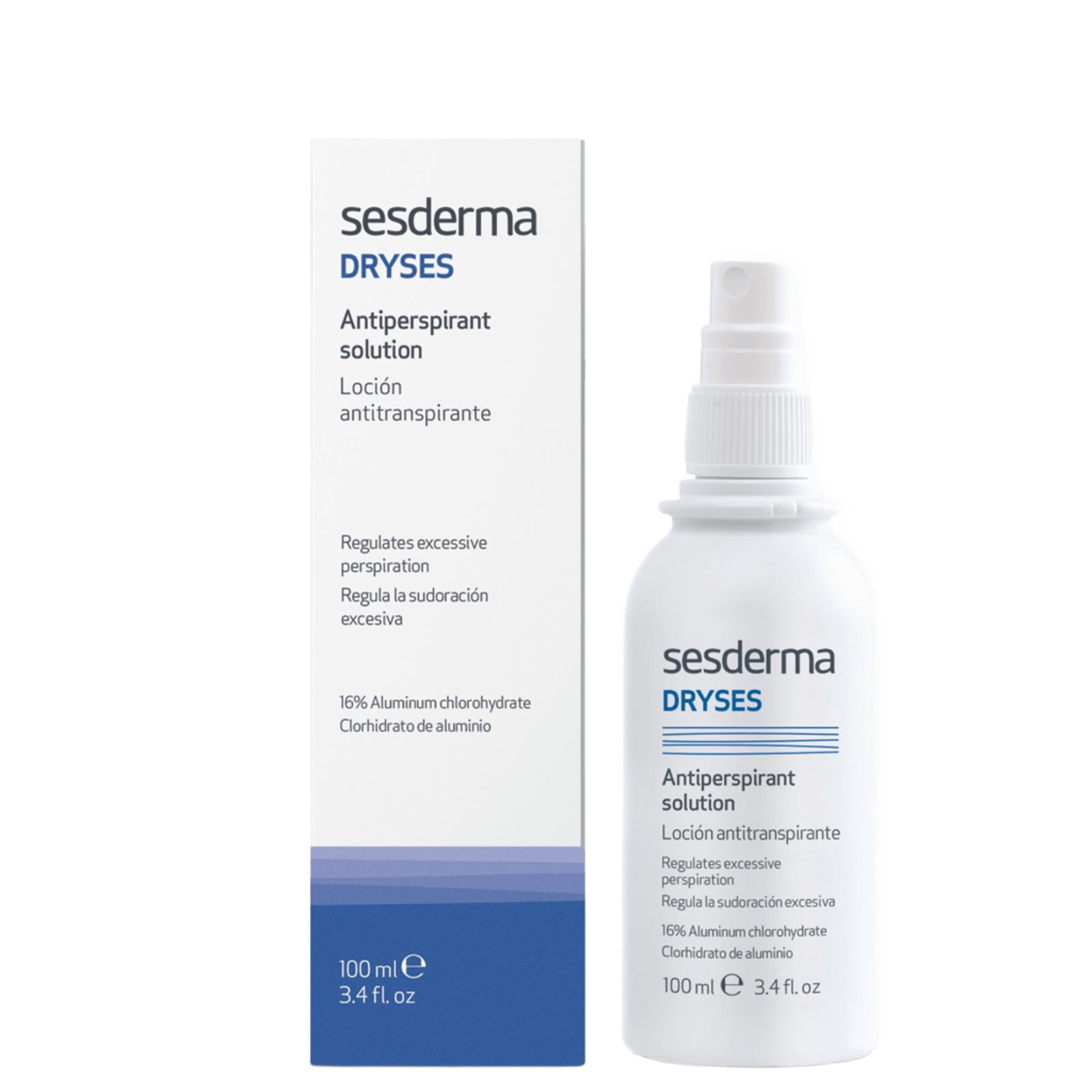 White medical deodorant spray bottle with blue text and packaging box, labeled Sesderma Dryses Antiperspirant Solution, 100 ml for excessive sweating control