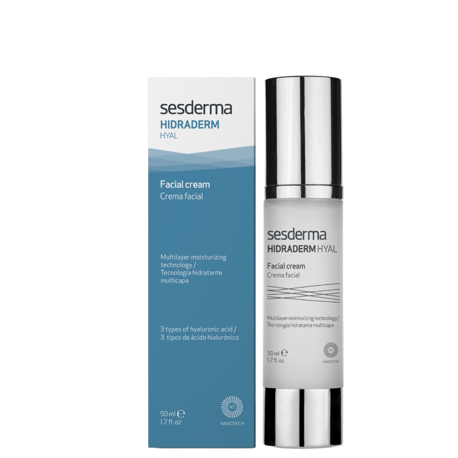 Sesderma Hidraderm Hyal facial cream in a sleek white bottle with silver cap, packaging displays blue and black text, 50ml size
