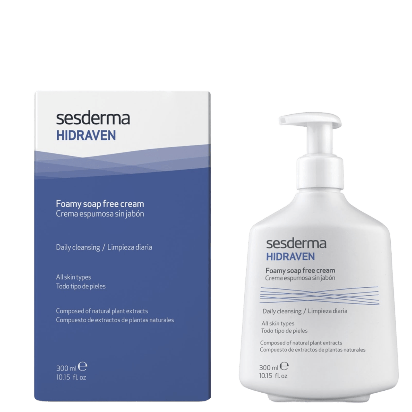 White bottle of Sesderma Hidraven soap-free cleansing cream with pump dispenser, label with blue and black text, 300 ml size
