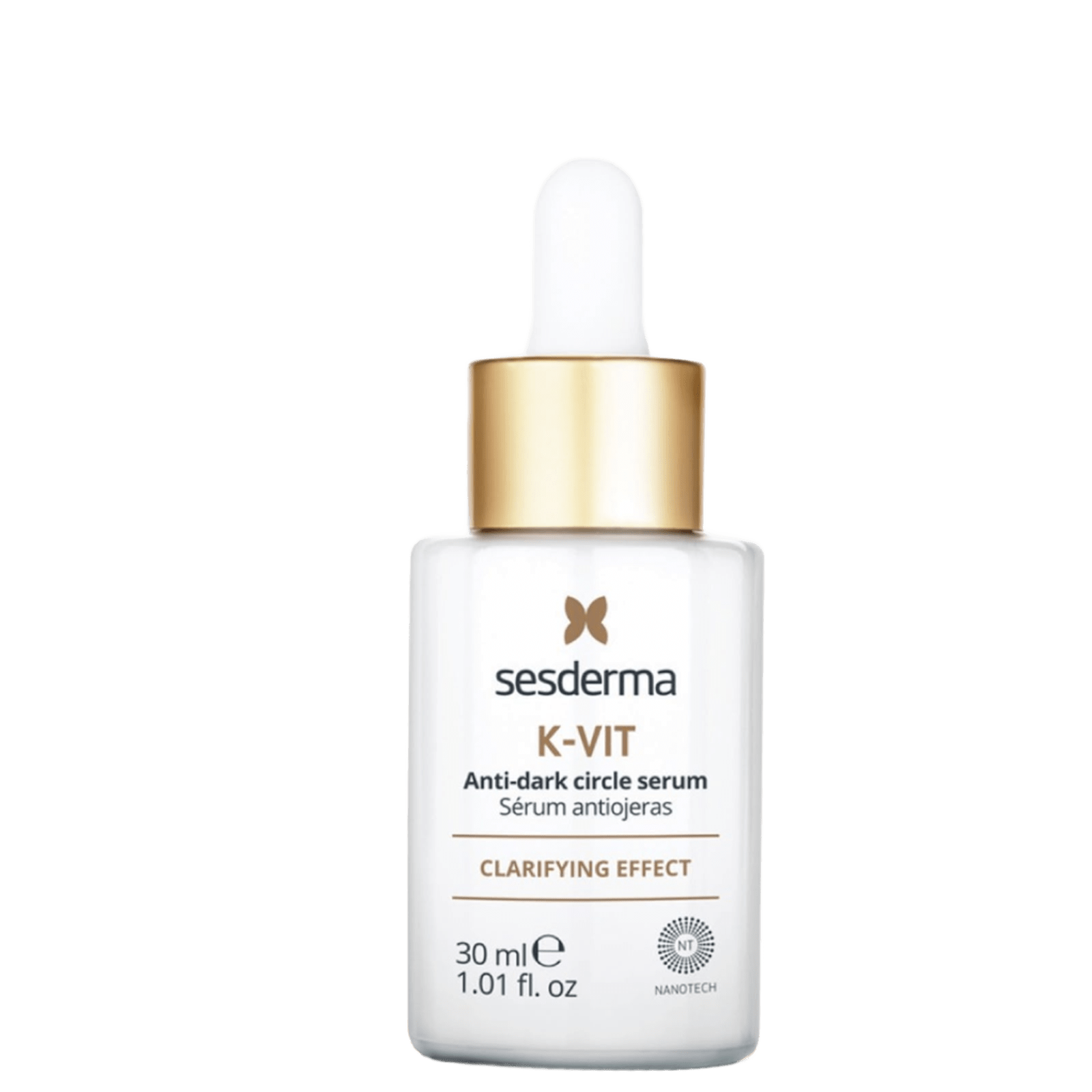 White glass bottle of Sesderma K-Vit Anti-dark circle serum with gold cap, featuring a dropper applicator, designed for reducing dark circles around the eyes