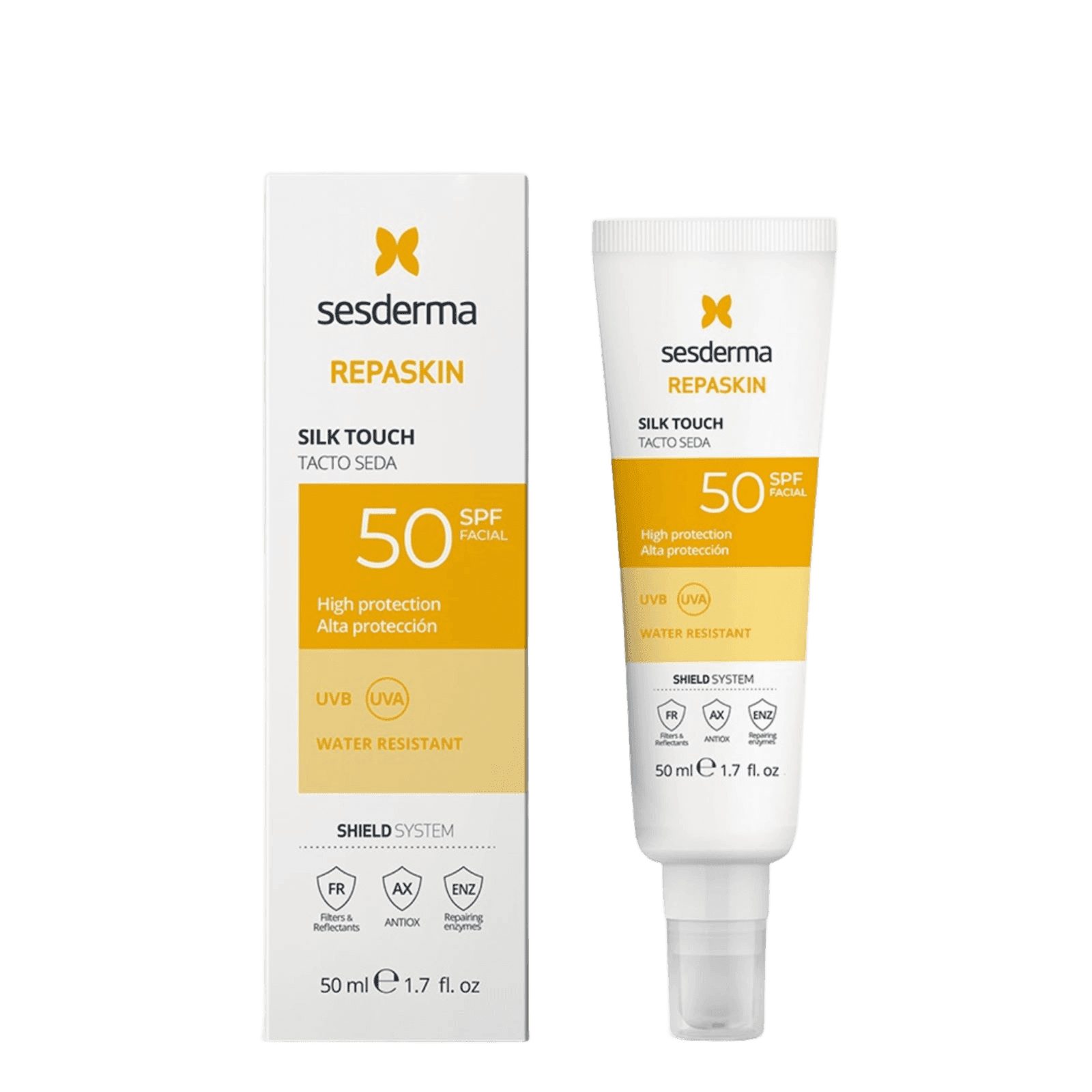 Sesderma Repaskin SPF50 sunscreen tube with white and yellow packaging, UV protection, water-resistant, 50ml, skincare for sun protection