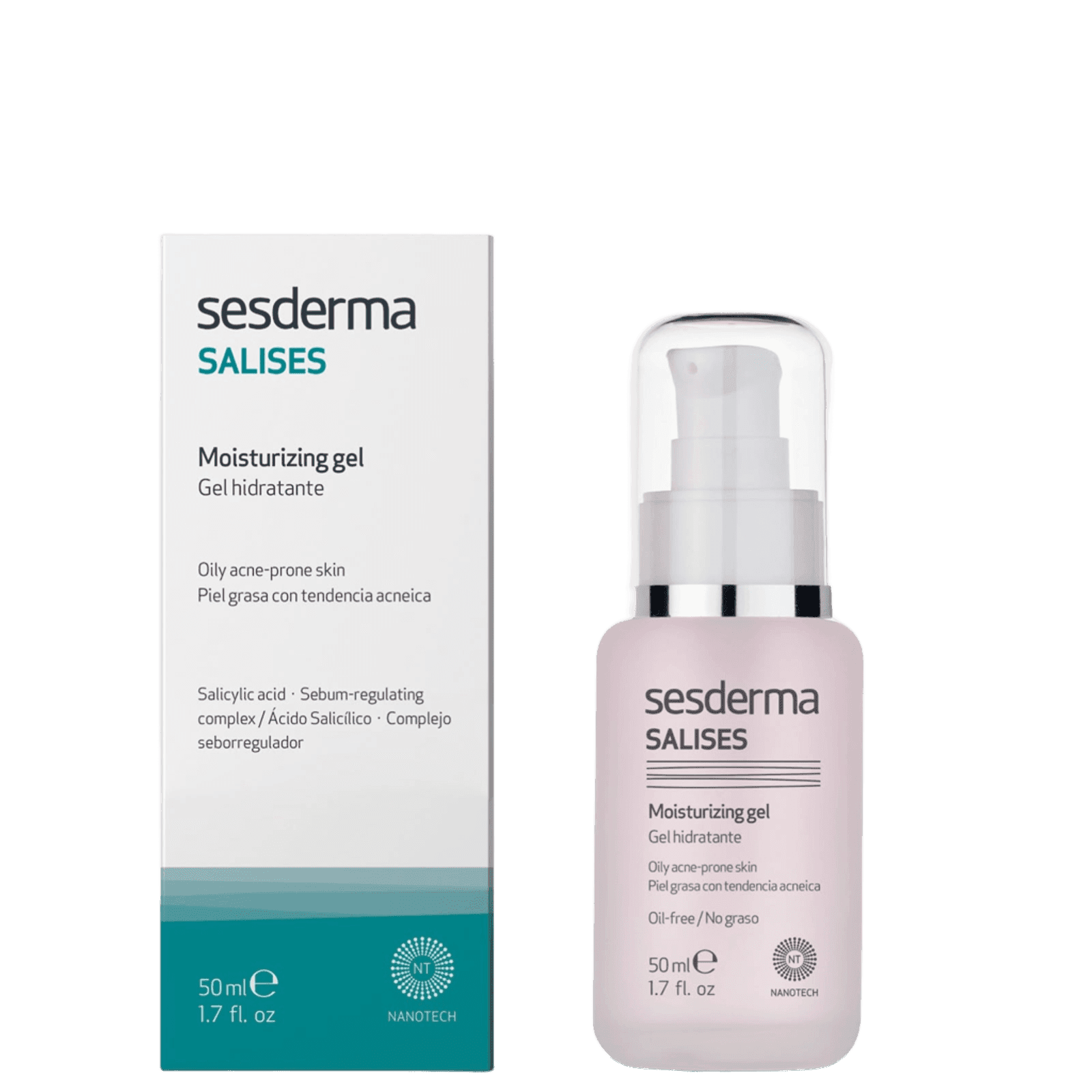 Sesderma Salises moisturizing gel for oily, acne-prone skin in a white box with teal accents, 50ml bottle with pump dispenser, skincare product