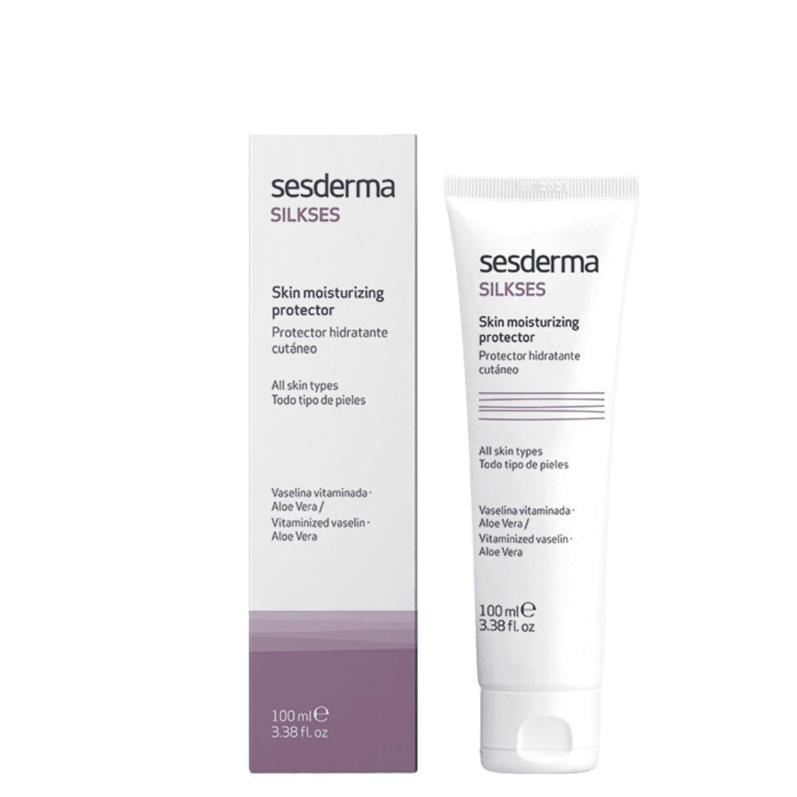 White tube of Sesderma Silkses silicone skin moisturizer for scars with purple and black text, next to its matching box, both labeled for all skin types
