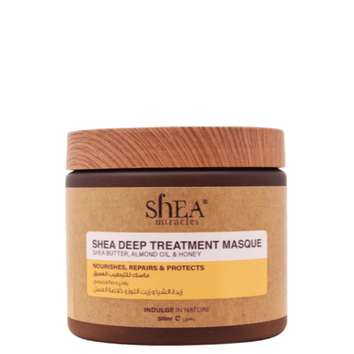 Shea Miracles Deep Treatment Masque 500 ml for intense hair hydration and repair. Enriched with shea butter, almond oil, and honey to nourish and strengthen damaged hair.