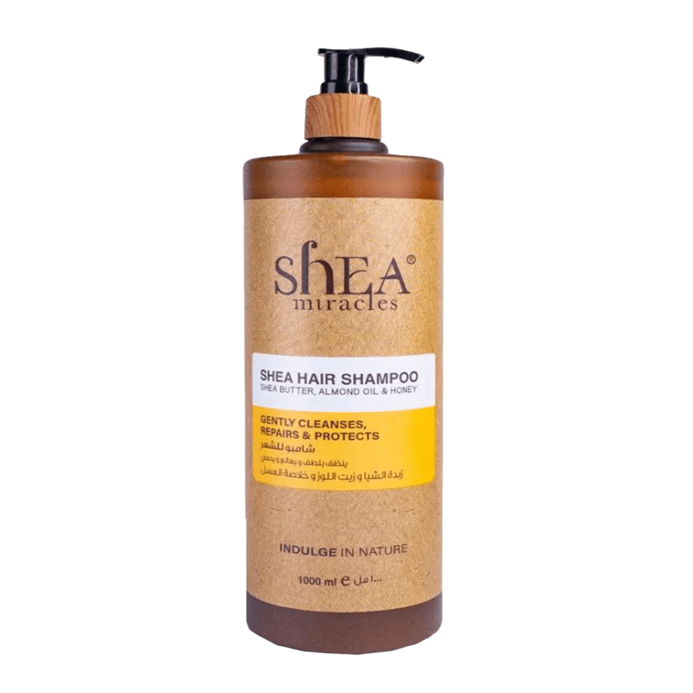 Shea Miracles Hair Shampoo 1000 ml with shea butter, almond oil, and honey. Gently cleanses, repairs, and protects hair while providing deep hydration.