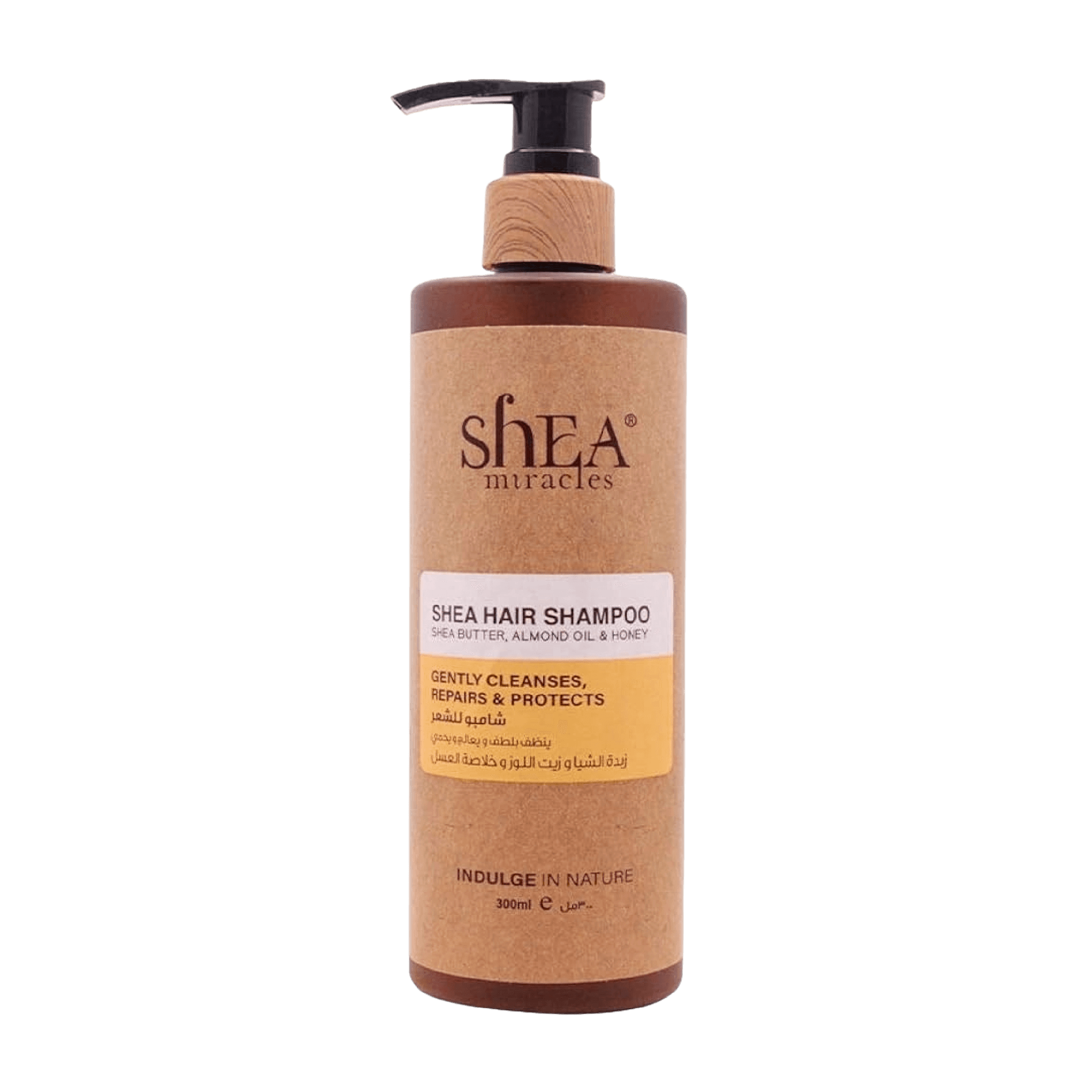 Shea Miracles Hair Shampoo 300 ml with shea butter, almond oil, and honey. Gently cleanses, repairs, and protects dry, damaged hair for softness and shine.