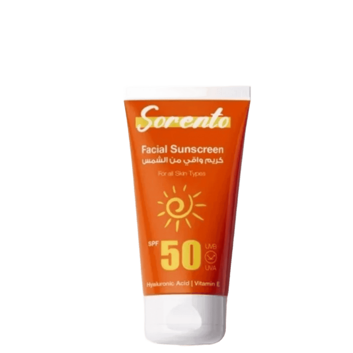 Sorento facial sunscreen tube in orange with SPF 50, lightweight formula for all skin types, contains hyaluronic acid and vitamin E