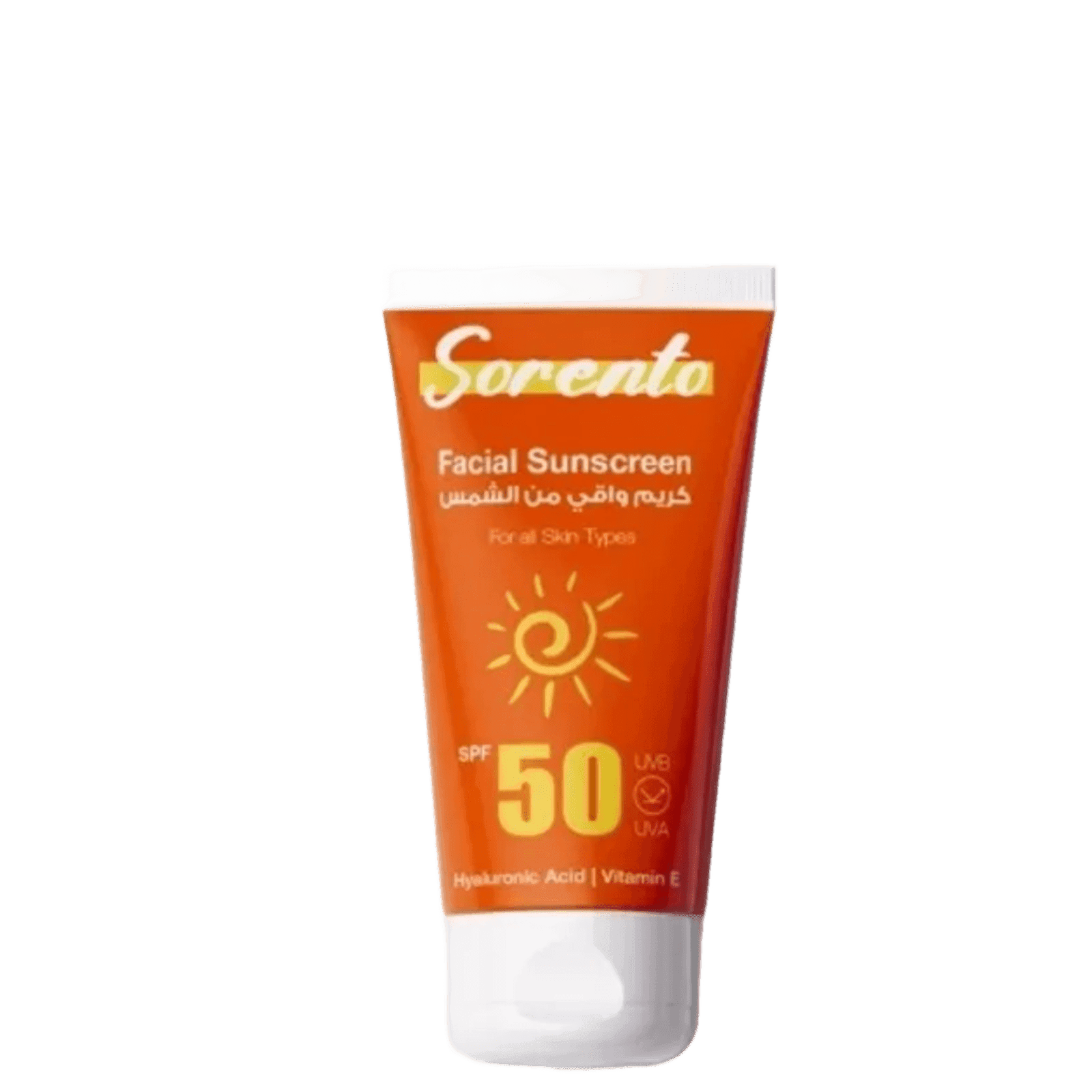 Sorento facial sunscreen tube in orange with SPF 50, lightweight formula for all skin types, contains hyaluronic acid and vitamin E
