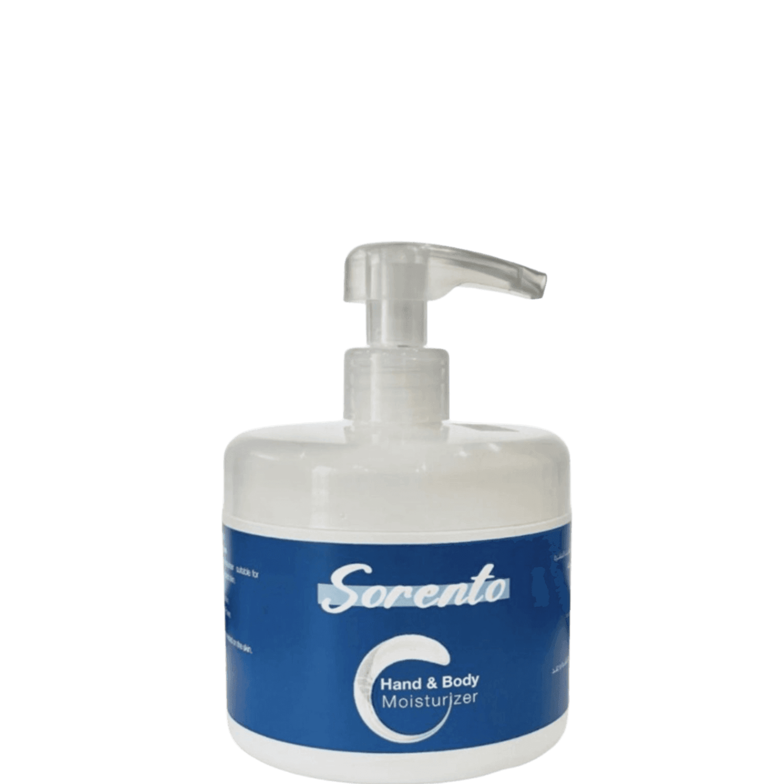 White plastic pump dispenser bottle of Sorento water-based hand and body moisturizer with blue label, 500ml size, for skin hydration