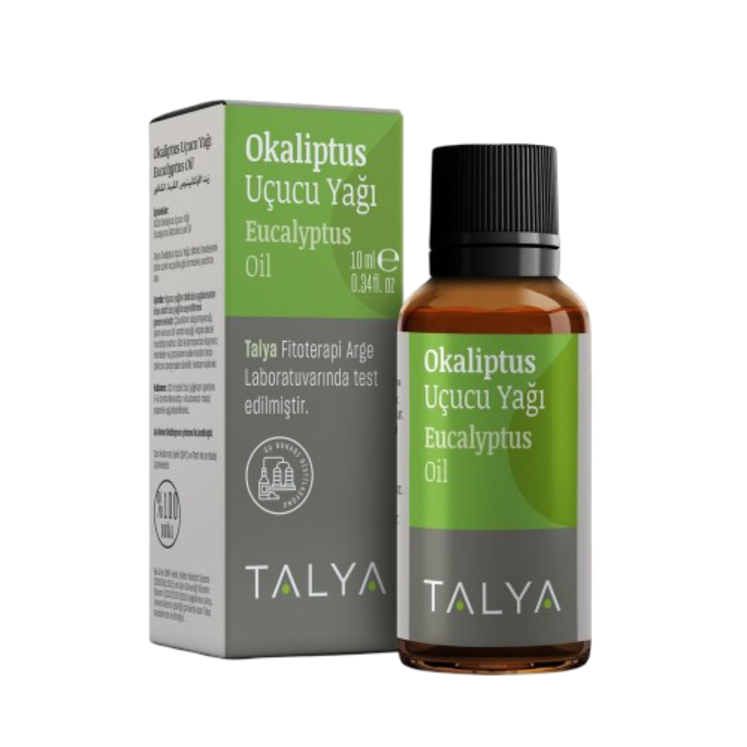 Talya Eucalyptus Essential Oil 20 ml bottle with box packaging, ideal for pain relief, congestion relief, and aromatherapy use in holistic care.