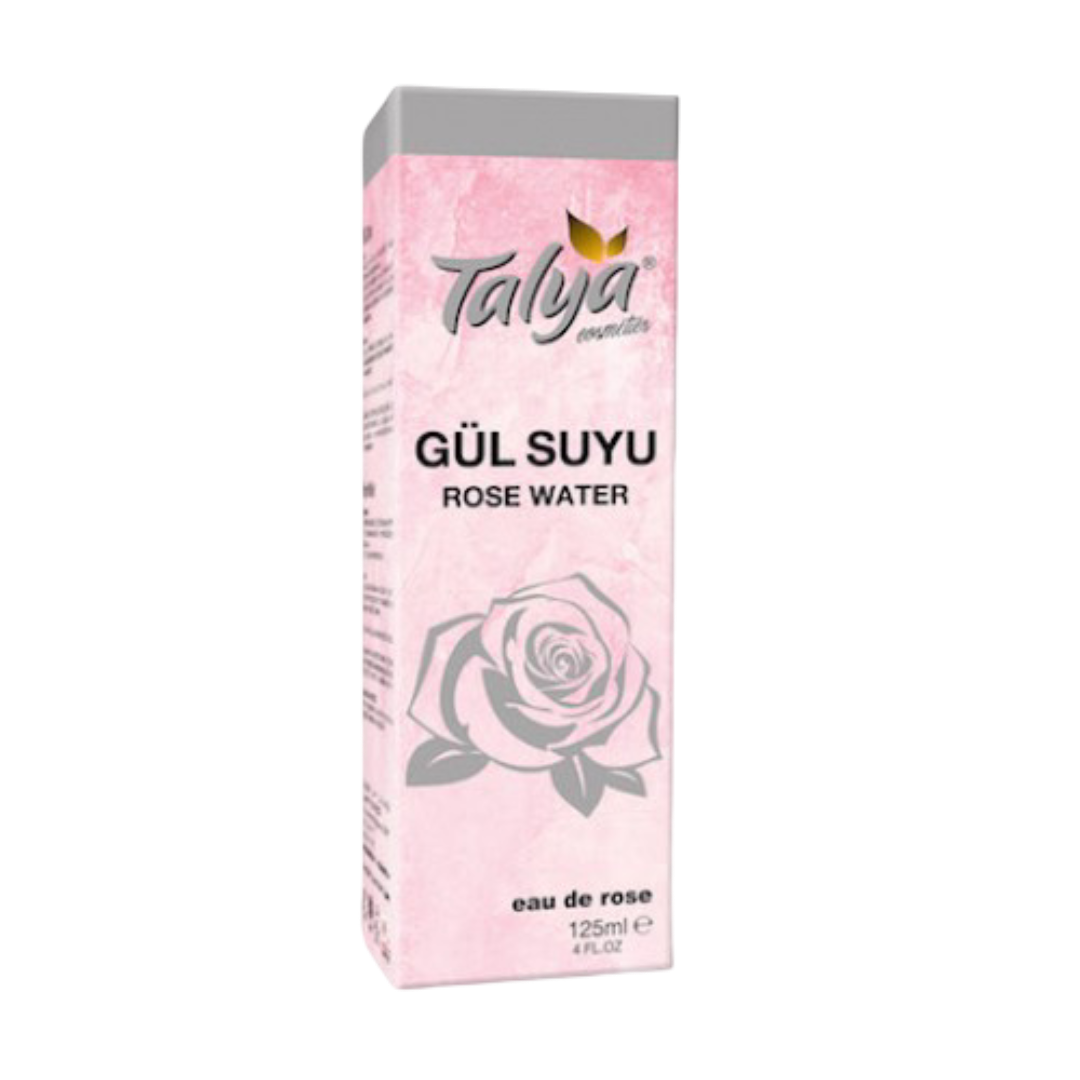 Talya Rose Water 125ml facial toner in pink packaging with rose illustration, ideal for hydration, soothing, and acne-prone skin care routines.