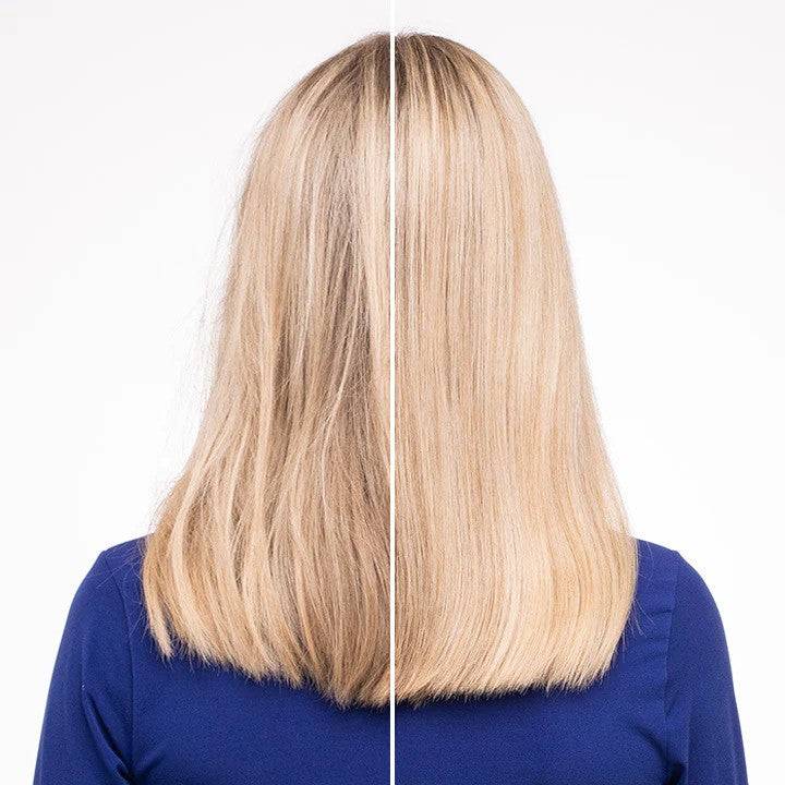 Before and after comparison of blonde hair, showing the effect of a detangling hairbrush. The left side appears frizzy and tangled, while the right side looks smooth and straight.