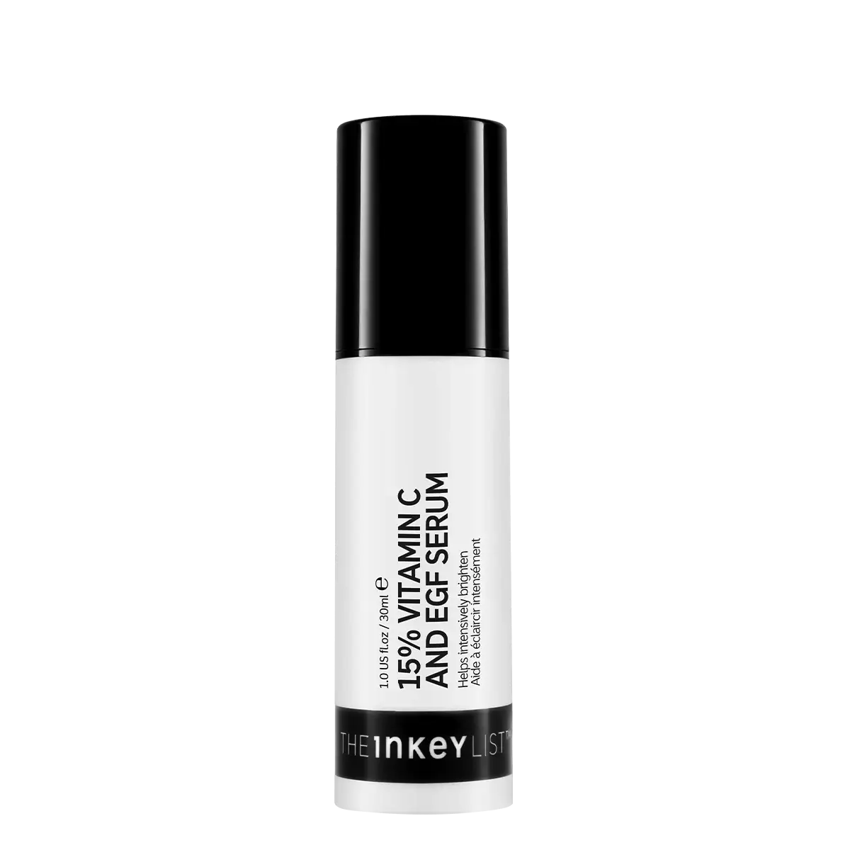 The Inkey List 15% Vitamin C and EGF Serum 30 ml in a sleek black and white bottle, designed to brighten and firm skin while reducing signs of aging.