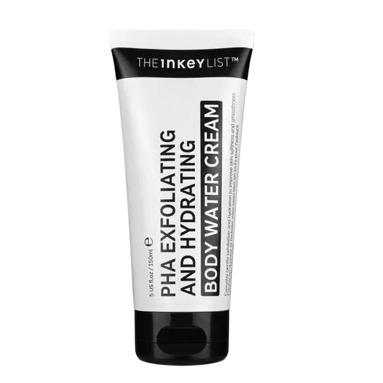 The Inkey List PHA Exfoliating And Hydrating Body Water Cream 150 ml in a sleek black and white tube. A gentle body exfoliator for smoother skin.