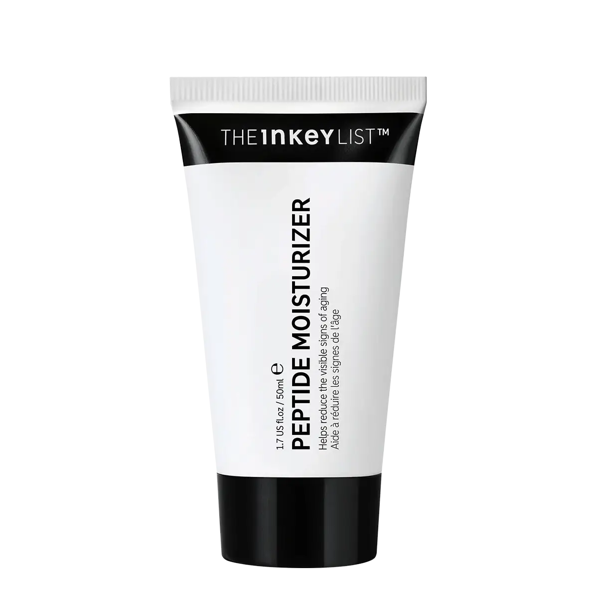 The Inkey List Peptide Moisturizer 50 ml in a sleek black and white tube. A lightweight facial moisturizer designed to reduce fine lines and improve skin firmness.