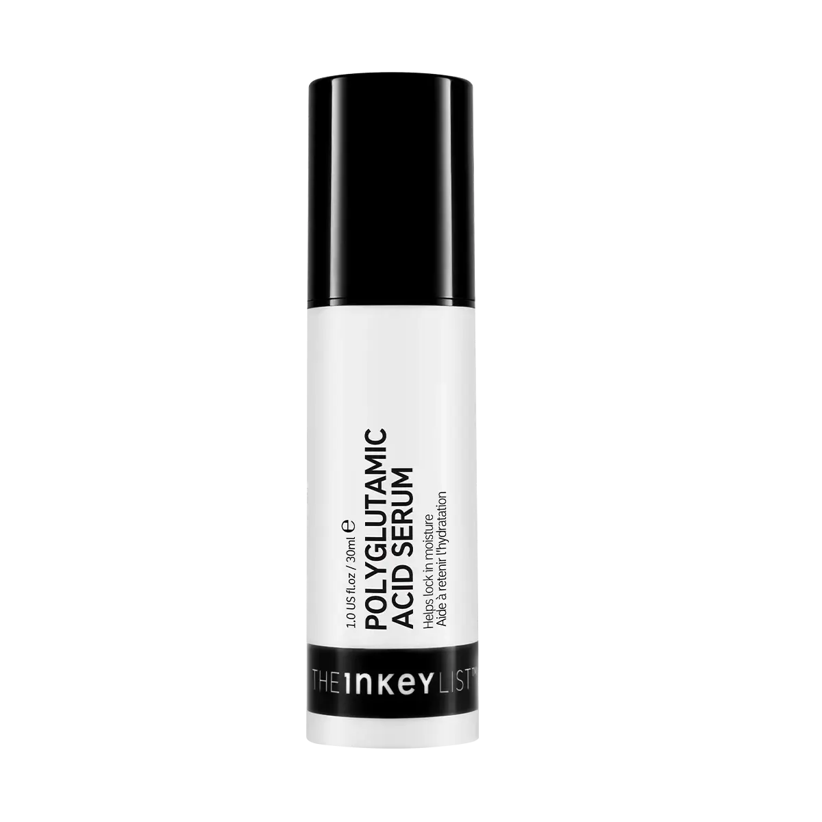The Inkey List Polyglutamic Acid Serum 30 ml in a sleek white and black pump bottle, designed to deeply hydrate and smooth skin for a radiant complexion.