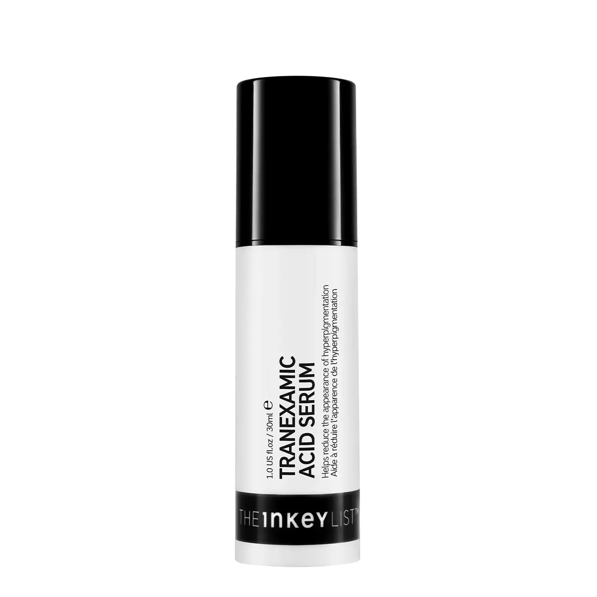 The Inkey List Tranexamic Acid Serum 30 ml in a sleek black and white pump bottle, designed to target hyperpigmentation and uneven skin tone.