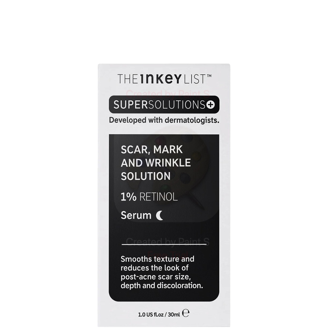 The Inkey List Retinol Solution 30ml box for scar and wrinkle care. Features 1% retinol serum for smoothing texture and reducing discoloration.