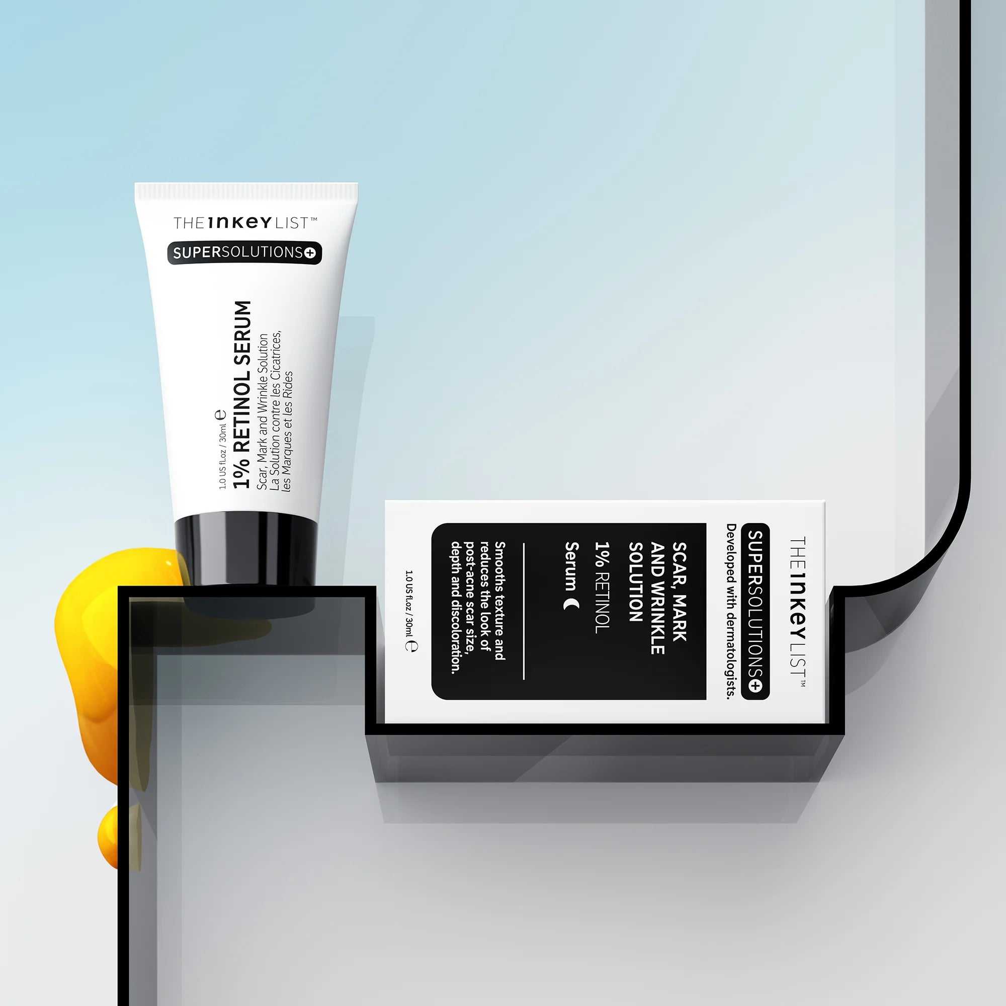The Inkey List Retinol Serum and box displayed on a shelf with serum texture, highlighting anti-aging and scar-reducing benefits.
