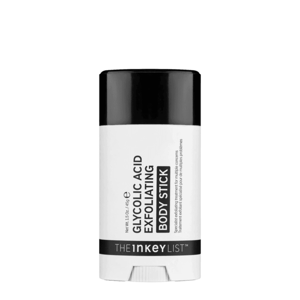 The Inkey List Glycolic Acid Exfoliating Body Stick 45 G in a sleek black and white packaging. Designed to smooth rough skin, reduce ingrown hairs, and unclog pores.