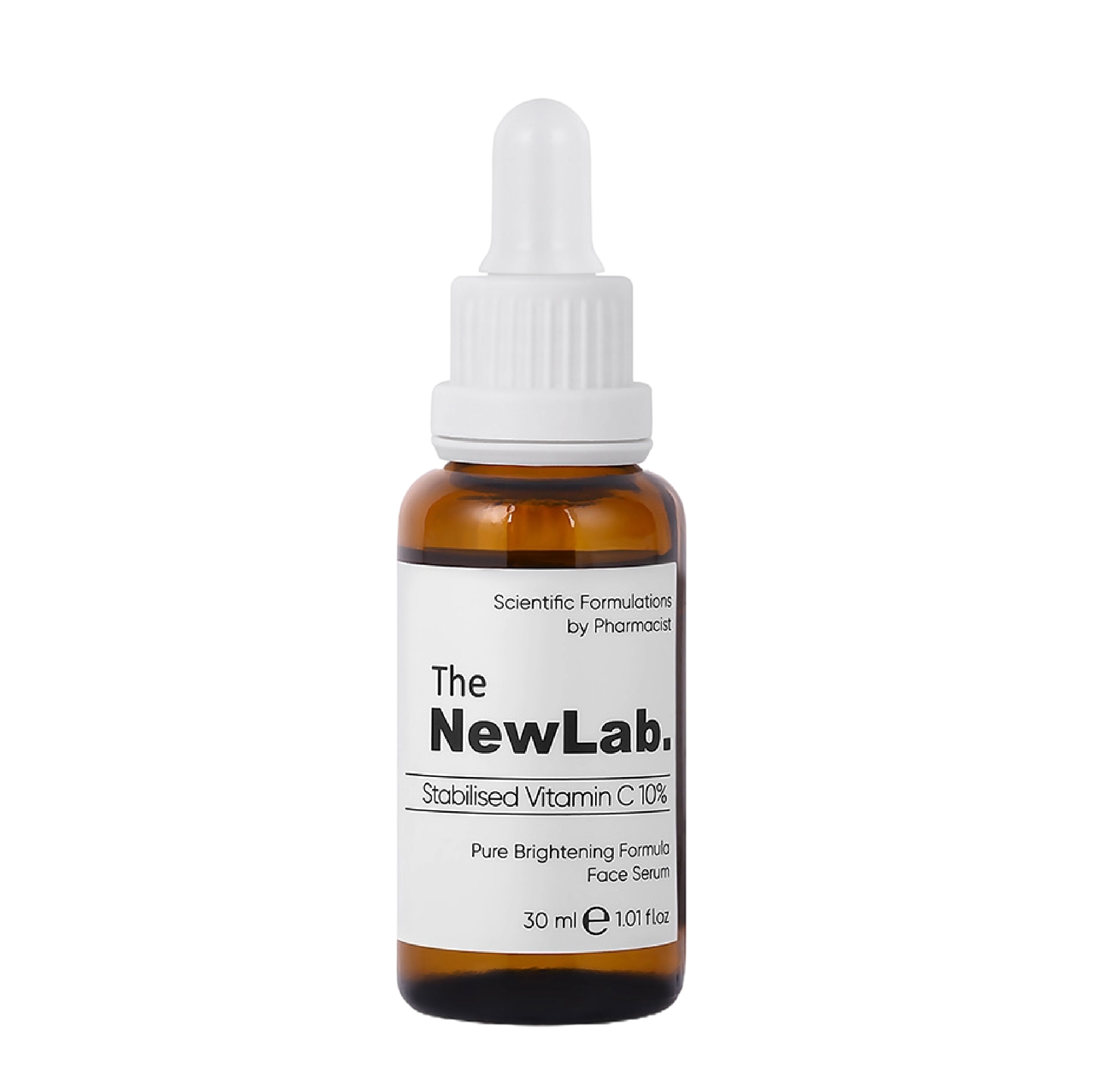 The NewLab Stabilised Vitamin C 10% Serum 30 ml in an amber glass bottle with a white dropper cap. This brightening facial serum helps reduce dark spots and even skin tone.