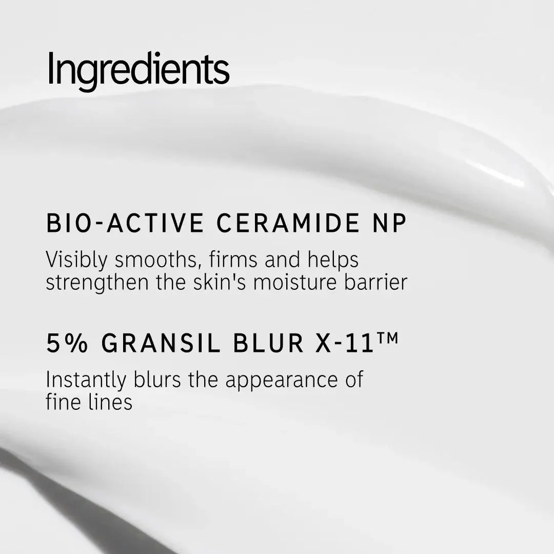 Key ingredients of The Inkey List Bio-Active Ceramide Moisturizer, featuring Bio-Active Ceramide NP for skin barrier support and 5% Gransil Blur X-11™ for fine line reduction.