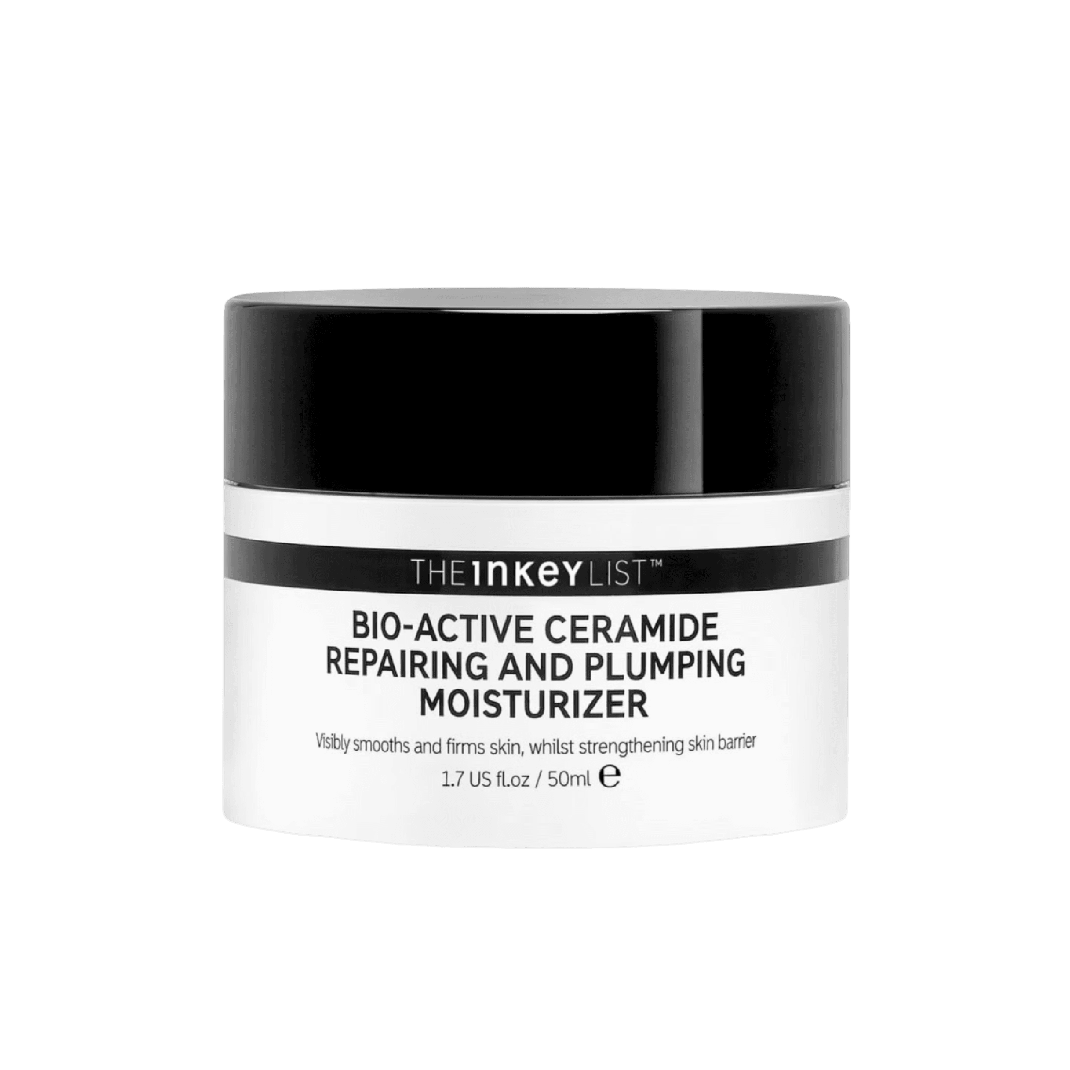 The Inkey List Bio-Active Ceramide Repairing And Plumping Moisturizer 50 ml in a sleek black and white jar. A rich, anti-ageing facial moisturizer designed to strengthen the skin barrier and reduce fine lines.