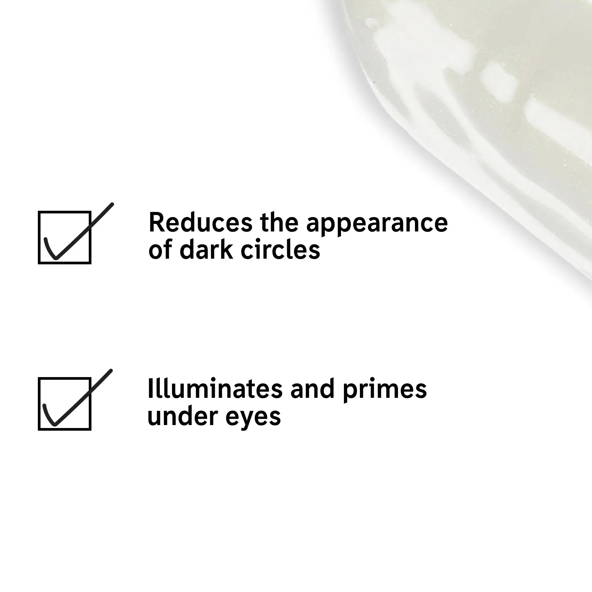 Close-up of The Inkey List Brightening Eye Cream texture with text highlighting its benefits of reducing dark circles and priming under-eyes for a radiant look.