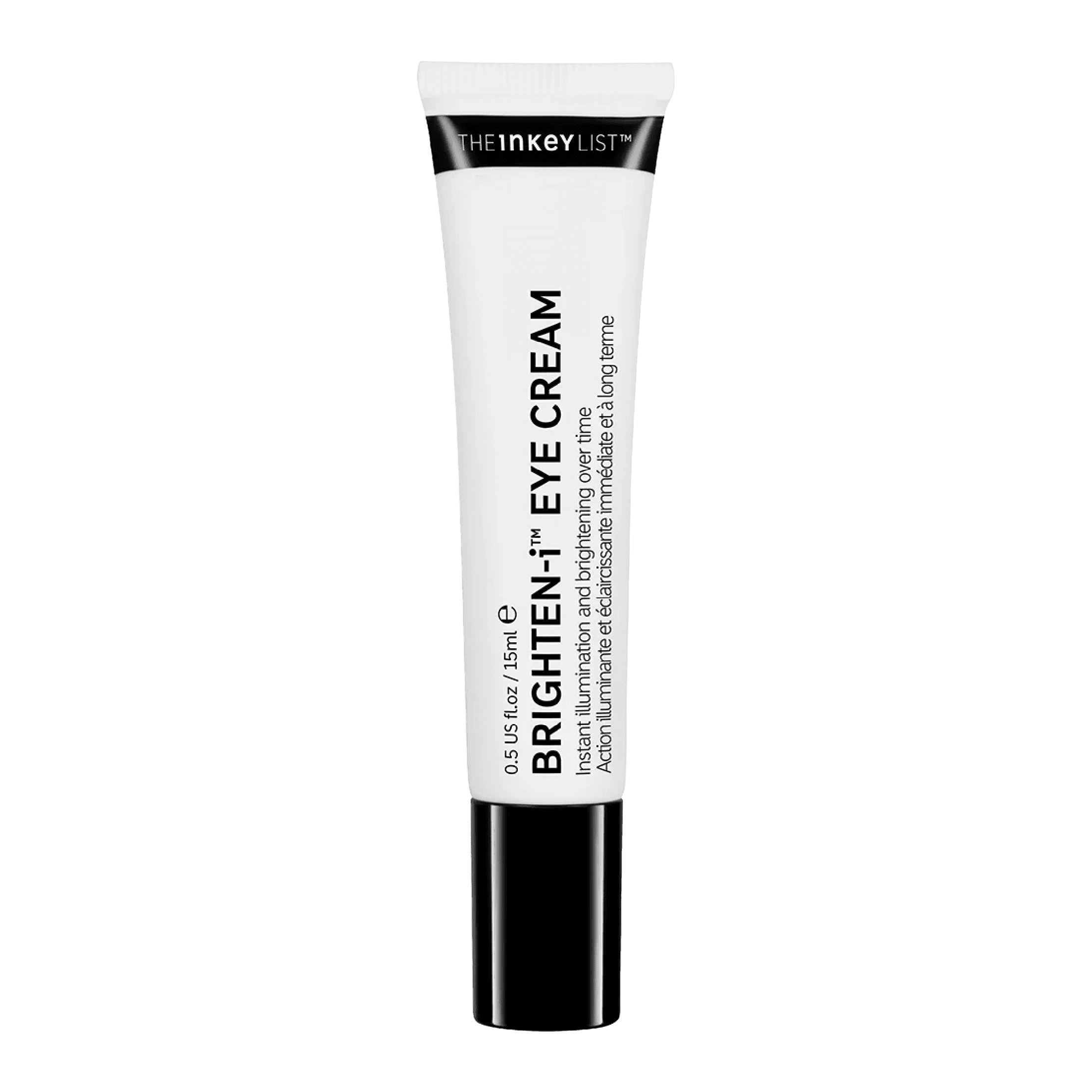The Inkey List Brightening Eye Cream 15 ml in a sleek white tube with black accents, designed to reduce dark circles and hydrate under-eye skin.