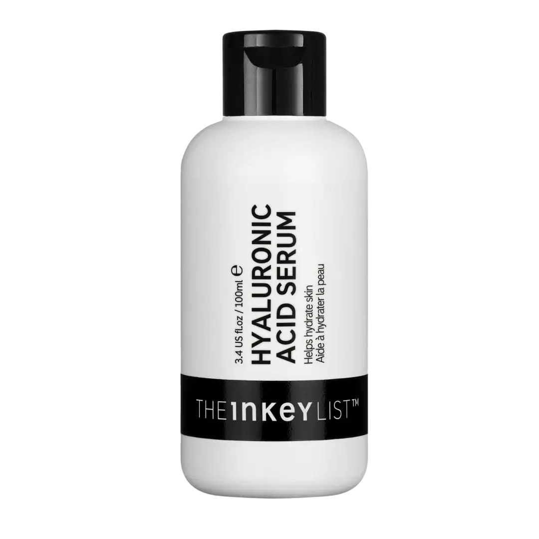 The Inkey List Hyaluronic Acid Serum 100 ml in a sleek white bottle with black cap, designed for deep hydration and plumper skin.