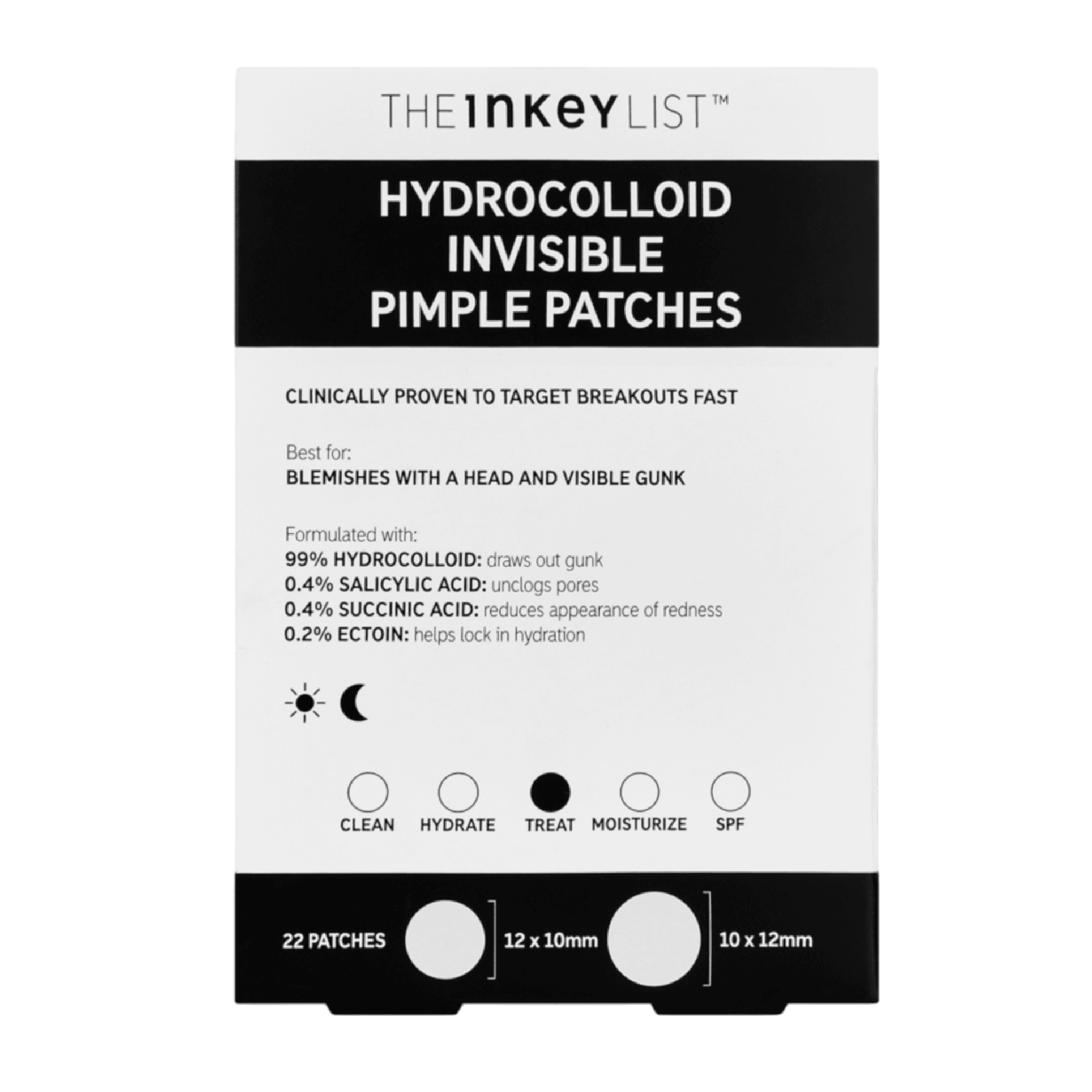 The Inkey List Hydrocolloid Invisible Pimple Patches packaging with key ingredients and benefits listed, designed to target blemishes quickly.