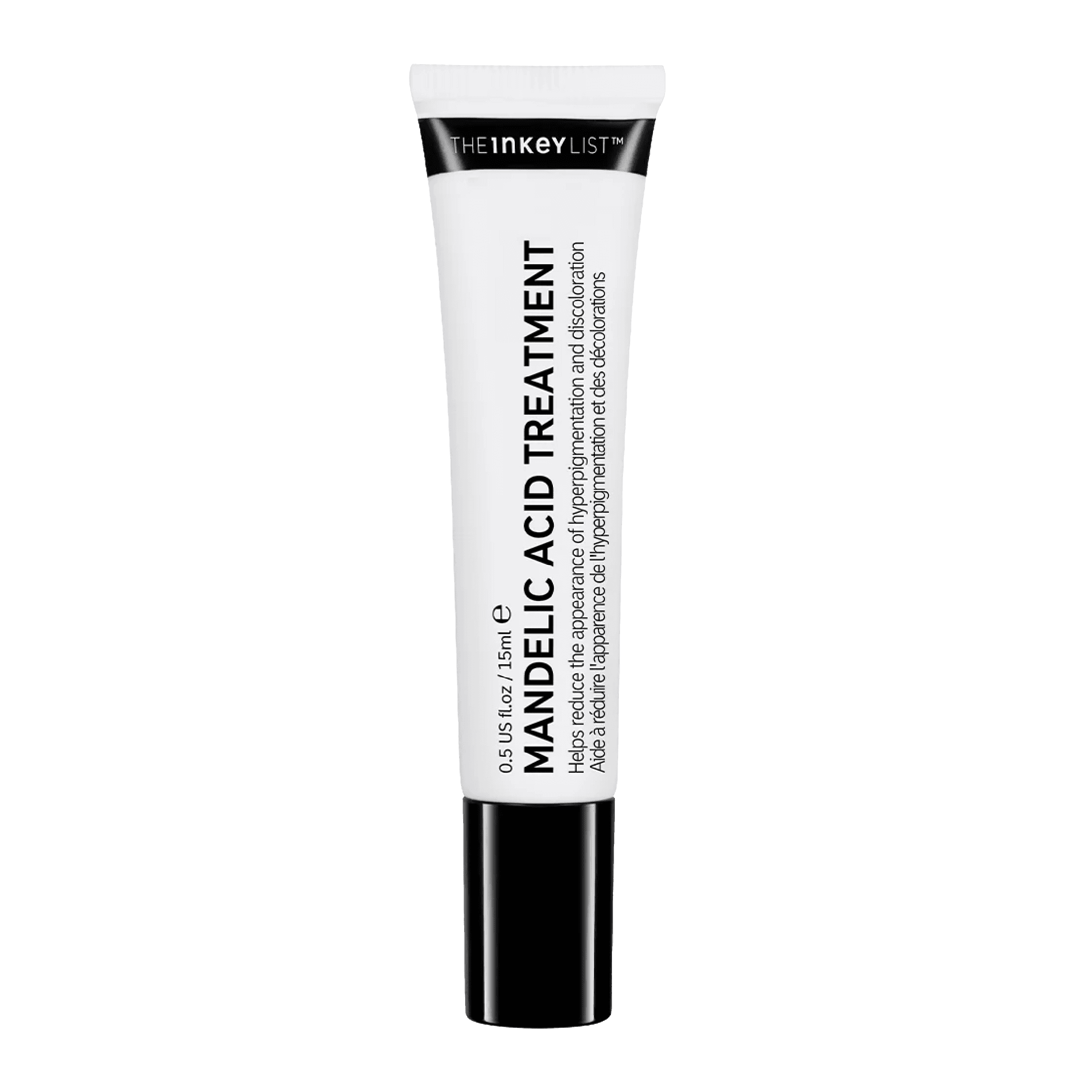 The Inkey List Mandelic Acid Treatment 15 ml for hyperpigmentation and acne scars. Exfoliates and hydrates to reduce dark spots and even skin tone.