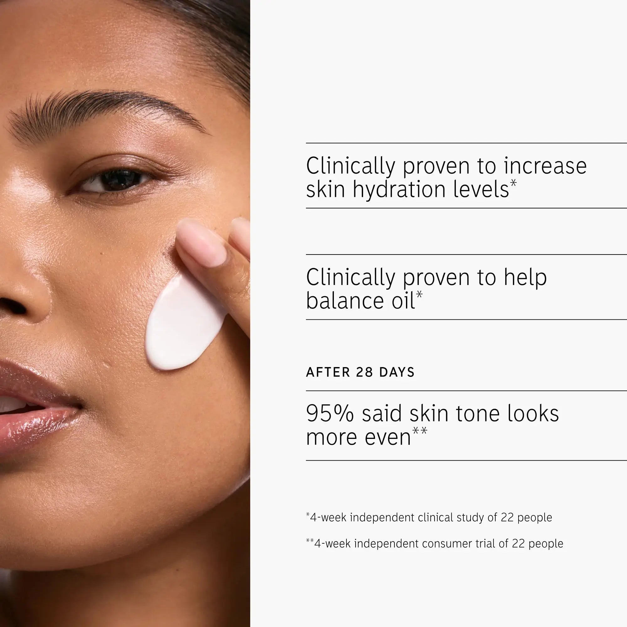 Clinical results of The Inkey List Omega Water Cream, showing improved skin hydration, balanced oil levels, and a more even skin tone after 28 days.