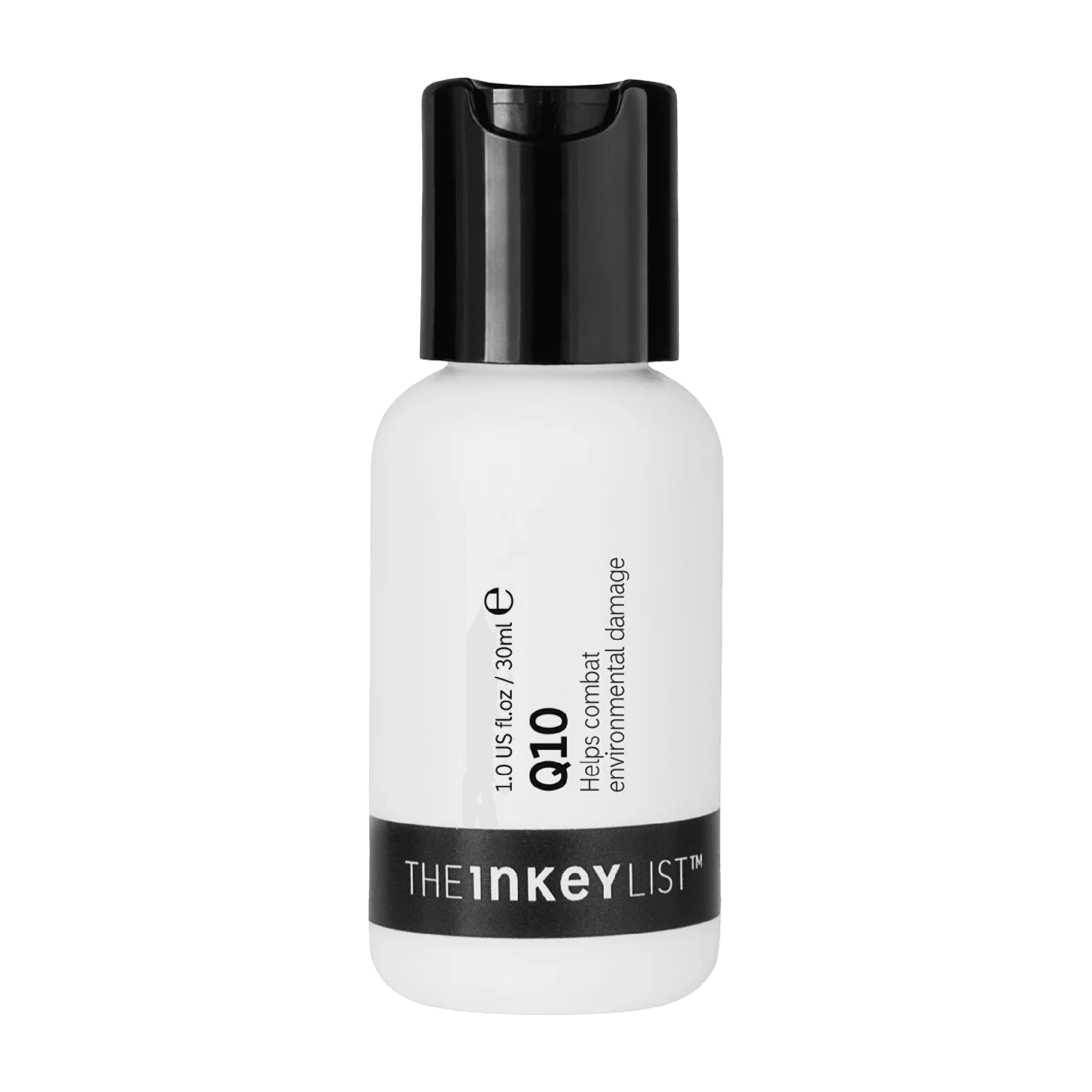 The Inkey List Q10 Serum 30 ml in a sleek white bottle with a black cap, designed to protect skin from environmental stress and reduce fine lines.