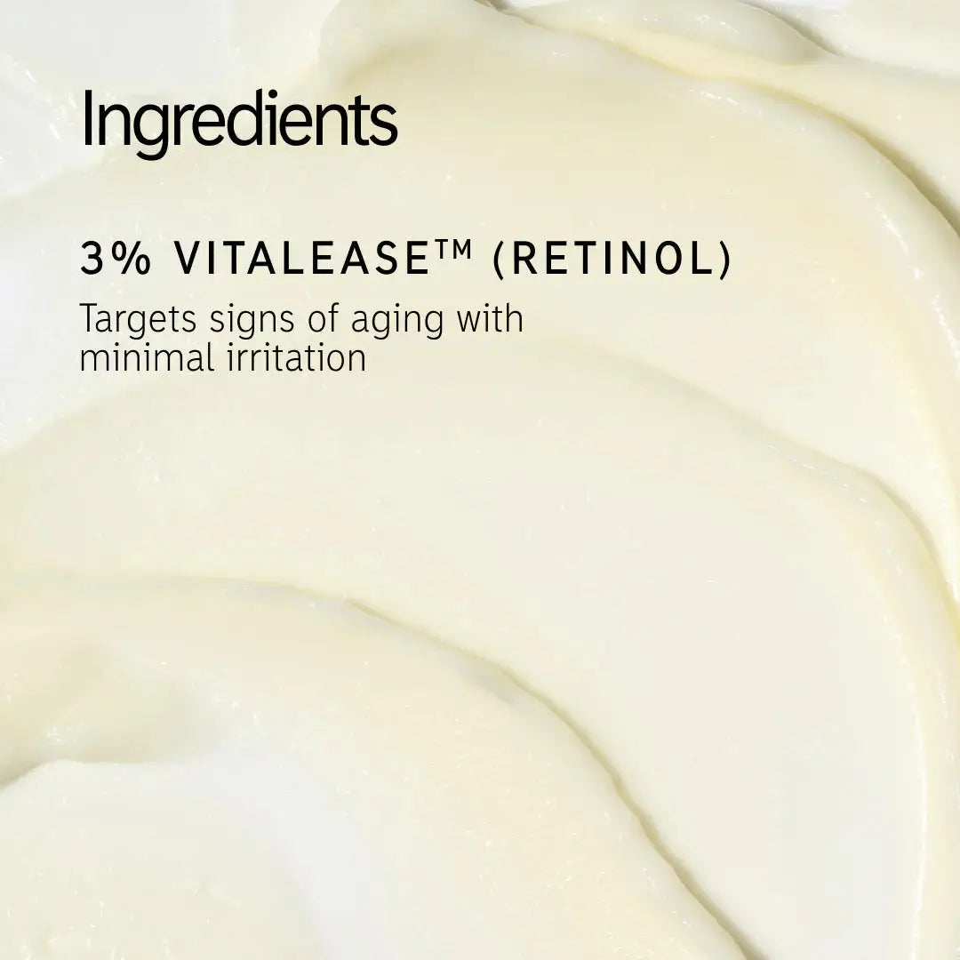 Creamy texture of The Inkey List Retinol Eye Cream 15 ml with text highlighting its 3% Vitalease Retinol for anti-aging benefits.