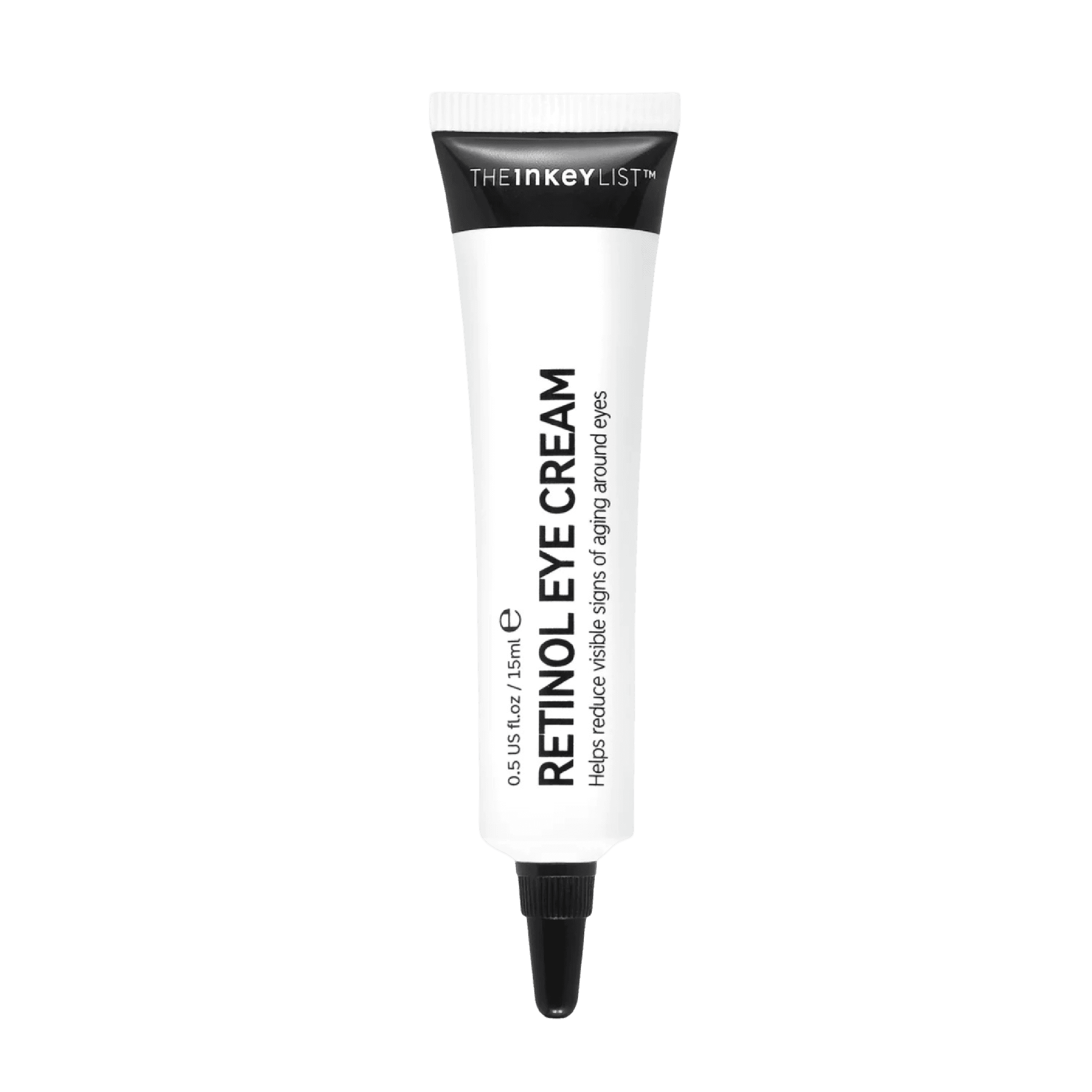 The Inkey List Retinol Eye Cream 15 ml in a sleek white tube with black text, designed to reduce fine lines and wrinkles around the eyes.